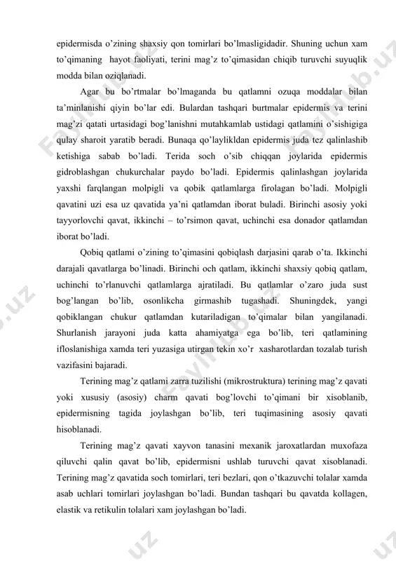 o’qimani bir xisoblanib, epidermisning tagida joylashgan bo’lib, teri tuqimasining asosiy qavati hisoblanadi. terining mag’z qavati xayvon tanasini mexanik jaroxatlardan muxofaza qiluvchi qalin qavat bo’lib, epidermisni ushlab turuvchi qavat xisoblanadi. terining mag’z qavatida soch tomirlari, teri bezlari, qon o’tkazuvchi tolalar xamda asab uchlari tomirlari joylashgan bo’ladi. bundan tashqari bu qavatda kollagen, elastik va retikulin tolalari xam joylashgan bo’ladi. teri mag’z qatlamining ayrim qavatlarini gistologik tuzilishi turlicha bo’lib, unda ikkita noaniq chegagaralanadigan qavatni kuzatish mumkin ekan. birinchisi issiq bardosh yoki retikulyar qavatgabo’linar ekan. epidermis bilan terini mag’z qavatini chegarasida negiz parda (bazalnaya membrana) joylashgan bo’lib, bu parda terini mag’z qavatidagi kollagen tolalariga o’tgan ingichka to’r tolalardan tashkil topgan bo’ladi. bu tolalar kimyoviy tarkibi bilan kollagen tolalardan bir muncha farq qilib kaynatilganda yemishga aylanmaydi. asosiy pardada bundan tashqari elastik tolalar xam mavjud buladi. charm mahsulotlari ishlab chikarishda teridan epidermis va jun tolalarini qoplami tushiriladi (olib tashlanadi) asosiy parda esa tayyor charmni yuz qismi …