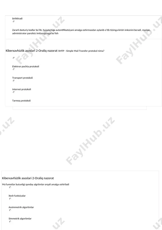 osi modelining qaysi sathlari tarmoqqa bog’liq sathlar hisoblanadi ? fizik, kanal va tarmoq sathlari seans va amaliy sathlar amaliy va taqdimlash sathlari transport va seans sathlari kiberxavfsizlik asoslari 2-oraliq nazorat qanday tarmoq qisqa masofalarda qurilmalar o‘rtasida ma’lumot almashinish imkoniyatini taqdim etadi? shaxsiy tarmoq lokal tarmoq kiberxavfsizlik asoslari 2-oraliq nazorat osi modelining tarmoq sathi vazifalari keltirilgan qurilmalarning qaysi birida bajariladi? marshrutizator ko’prik tarmoq adapter kontsentrator kiberxavfsizlik asoslari 2-oraliq nazorat kompyuter tarmoqlari bu – bir biriga osonlik bilan ma’lumot va resurslarni taqsimlash uchun ulangan kompyuterlar guruhi turli kompyuterlar to‘plami axborotlarni boshqarish va nazoratlash uchun tashkil etilgan tizim. axborotlarni ma'lum kanallar yordamida boshqa hududga uzatuvchi protokollar majmui. shaxar tarmog'i global tarmoq kiberxavfsizlik asoslari 2-oraliq nazorat quyidagilarninf qaysi biri kanal sathi protokollari? ethernet, token ring, fddi, x.25, frame relay, rs-232, v.35. ip, icmp, arp, rarp tcp, udp, rtp http, telnet, ftp, tftp, snmp, dns, smtp va hak kiberxavfsizlik asoslari 2-oraliq nazorat quyidagilardan lokal tarmoqqa …