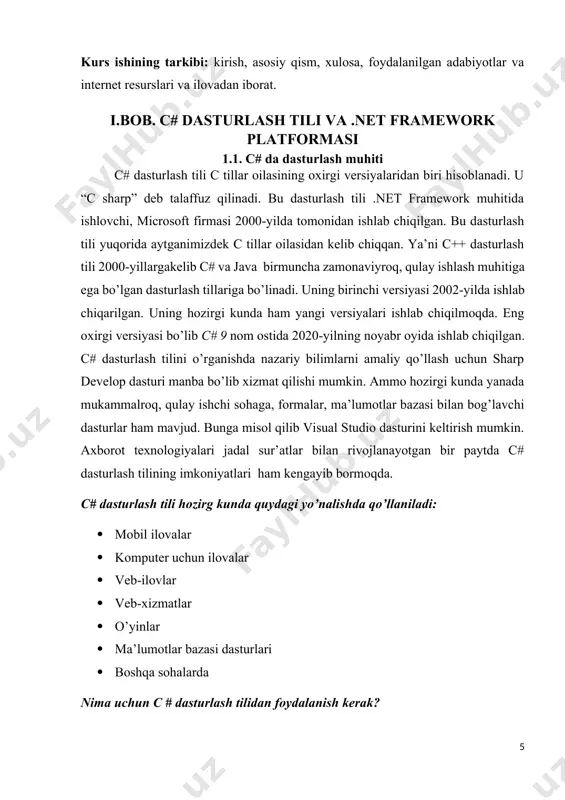 sini bosamiz(1.4-rasm). keyin esa tuzadigan dasturimiz uchun nom beramiz va framefork tanlaymiz va create/далее tugmasini bosamiz. bizda quyidagicha oyna hosil bo’ladi: 1.5.rasm.visual.studio dasturi ishchi oynasi. yuqorida ko’rib turganimizdek loyihada main metodi avtomatik ravishda chaqiriladi. bu oynadagi ma’lumotni natijalar oynasiga chiqarish uchun console sinfining writeline metodidan foydalanilyapti. bundan tashqari bu sinfning write, readline, read metodlari ham mavjud. ekranga qandaydir ma’lumotni chiqarishda console.writeline yoki console.write protsedauralaridan foydalaniladi. ulardan birinchisi ekranda chop qilingandan keyin kursorni satr oxirida qoldiradi, ikkinchisi esa kursorni yangi satrning boshiga ko’chiradi. read metodi.read metodi kiritish qurilmalaridan belgini qabul qilidi. u int tipiga kiritilgan belgi kodini qaytaradi va hech narsa kiritilmagan bo’lsa, -1 ni qaytaradi. readline metodi. readline metodi kiritish qurilmalaridan matnning satrini qabul qiladi (uning qiymati keyingi satrga o’tish belgisi bilan tugaydi ). konsolda ma'lumotlarni namoyish qilishdan tashqari, biz konsoldan ma'lumot olishimiz mumkin. konsol.readline () usuli shu maqsadga mo'ljallangan. . bunday holda foydalanuvchi kiritgan barcha narsalar console.readline usuli yordamida …