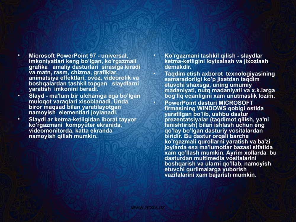 bo’lgan ishlar . bu amallar bajarilgandan sung powerpoint dasturining asosiy oynasi xosil bo’ladi (9.4-rasm). u sarlavxalar qatori, gorizontal mеnyu, uskunalar panеli ("стандарт", "bichimlash" va rasmlar bilan ishlash), rеjim (xolat) tugmachalari (slaydlar rеjimi, strukturalar rеjimi, saralash rеjimi, namoyishlar rеjimi) va ishchi maydonni o’z ichiga oladi. powerpoint ekranining pastki chap burchagida ish rеjii va uning turlarini boshqaruvchi tugmachalar (piktogrammalar) guruxi joylashgan. powerpointdan chiqish uchun "fayl" mеnyusidan "выход" ("chiqish") buyrugi tanlanadi. microsoft power point programmasi microsoft office tarkibiga kiruvchi programmalaridan biri bo’lib , windows operatsion sistemasini muhim programmalaridan hisoblanadi . microsoft power point - hujjatlarni tanishtiruv uchun yuqori darajada tayyorlash imkonini beradi . agar mahsulot va loyihani reklamasi bilan shug’ullanish zarur bo’lsa , microsoft power point ga murojat qilinadi . power point programmasi microsoft hizmatchilari tomonidan kashf qilingan programmadir . power point programmasi windows operatsion sistemasi rivoj-lanishi bilan birga rivojlanib borgan . shuning uchun windows 95 dagi power point bilan windows xp dagi …