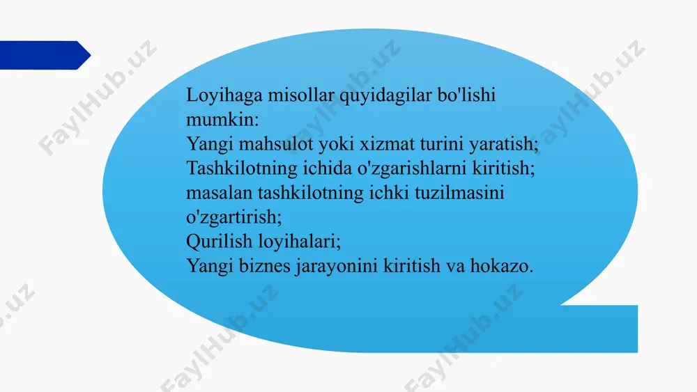 va ochib berish asosida loyihalarni tayyorlash, baholash va tanlab olish usulidir. loyiha taxlilining katta qismi loyiha davrining dastlabki bosqichida, ya’ni uni qabul qilish yoki qilmaslik to’g’risida qaror qabul qilingungacha amalga oshiriladi. vazifasi qabul qilingan strategiyani u yoki bu yo’nalish bilan mos kelmaydigan ko’rib chiqilaayotgan loyihalar majmuasidan chiqarib tashlash; investetsiya loyihalarini amalga oshrishdagi noaniqlikning mumkin bo’lgan darajasini aks ettiradi; loyihalarning ish yukini va foydali ta’sirini sifat yoki miqdoriy jihatdan baholash maqsadi amalga oshrish uchun eng foydali loyihalarni tanlash loyiha tahlilining maqsadi, vazifalari va tuzilishi testimonial 19 loyiha turlari. loyiha turlari quyidagi 5 omil orqali aniqlanadi. about us loyihaning ko‘lami. loyihani amalga oshirish muddati loyihani amalga oshirish joyi va sharoiti. loyiha sifati. manbalarning chetlanganligi. bu omillar bo‘yicha loyihalar quyidagi turlarga bo‘linadi: - kichik loyiha - qisqa muddatli loyiha - multi loyiha - mono loyiha - mega loyiha - xalqaro loyiha services about us ko‘lami bo‘yicha katta bo‘lmagan, sodda va hajmi cheklangan. aqsh …