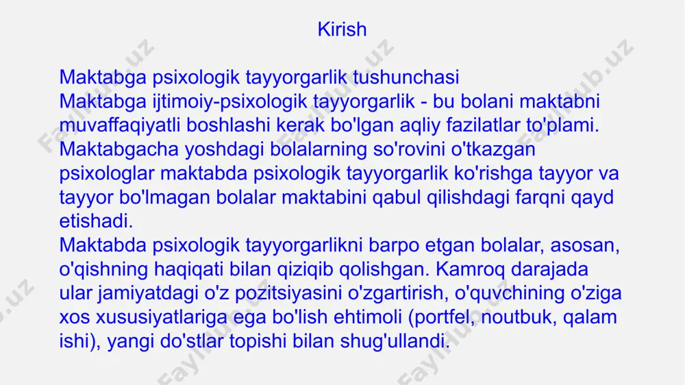 rtibga solish qobiliyatiga ega. enter title 11 rivojlanish fiziologiyasi institutida olib borilgan tadqiqotlar rossiya fanlar akademiyasining rivojlanish fiziologiyasi institutida olib borilgan tadqiqotlar shuni ko'rsatadiki, bolani maktabga tayyorlash bo'yicha ishlar 6-7 yoshdagi bolalar rivojlanishining psixofiziologik qonunlarini hisobga olgan holda qurilishi kerak. aks holda, biz rivojlanishni rag'batlantirmasligimiz mumkin, lekin uni sekinlashtiramiz. l.s.ning tezisini yodda tutish muhimdir. enter title 12 vigotskiy fikri vygotskiy "faqat bolalikdagi ta'lim yaxshi, bu rivojlanishdan oldin boradi va rivojlanishga olib keladi. ammo bolaga faqat u allaqachon o'rganishga qodir bo'lgan narsani o'rgatish mumkin ". maktabga qabul qilish bolaning hayotida yangi yosh davri - boshlang'ich maktab yoshi boshlanishini anglatadi, uning etakchi faoliyati ta'lim olishdir. olimlar, o'qituvchilar va ota-onalar maktab ta'limi nafaqat samarali, balki ularga g'amxo'rlik qilayotgan bolalar uchun ham, kattalar uchun ham foydali, yoqimli, kerakli bo'lishi uchun barcha sa'y-harakatlarini qiladilar. enter title 13 xulosa shunday qilib, yuqorida aytib o'tilganlarning barchasidan quyidagi xulosalar chiqarish mumkin: bolalar bog'chasi va maktab har bir inson …