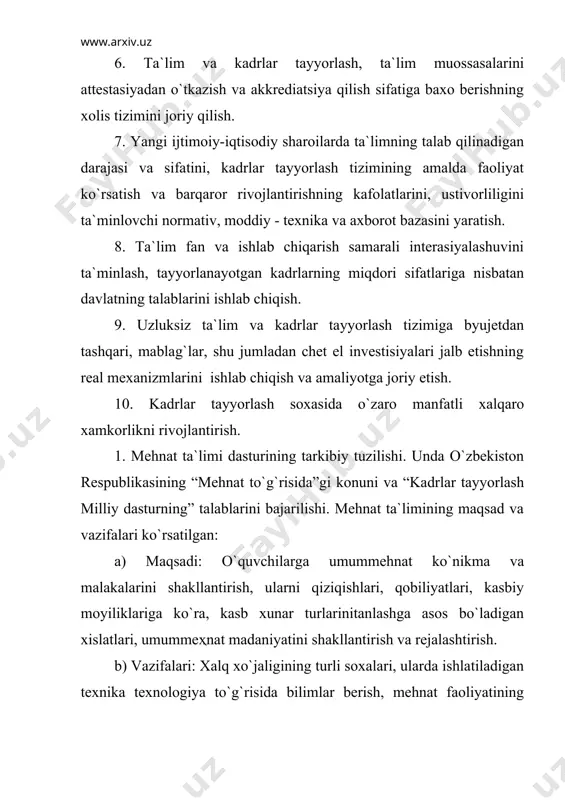 o`yicha mashg`ulotlar metodiasi: kashtachilik, zardo`zlik, do`ppichilik va boshqalarga ko`p e`tibor qaratilgan. maktablarda ochiq darslarda bo`lib amaliy mashg`ulotlarni o`tkazish usullariga zam e`tibor qaratilgan. dasturda mehnat darslari o`tishda xtklariga rioya etish usullariga xam e`tibor berilgan. umumiy texnologiya mashg`ulotlarini mizmuni va metodikasida texnologik jarayonlarga xam aloxida tushunchalar berilgan. gazlamalarga to`lov berish usullaridan 6soatdan, maxsulotdar tayyorlash texnologiyasiga 6-soatdan, yumshoq o`yinchoqlar tayyorlash texnologiyasiga 6-soatdan, asosiy gazlamalarni loyixalashga 6-soatdan va to`qish elementlari va to`qish usullariga 4-soatdan berilgan. 4. milliy xalq xunarmandchiligini o`rganishga dasturda 16-soat berilgan. bunda xunarmandchilik bo`yicha umumiy ma`lumot. do`ppichilik, kashtachilik, zardo`zlik va boshqa milliy xunarmandchilik asoslarini o`rgatishga qaratilgan. do`ppichilikda qizlar va yigitlar do`ppilarini, kashtachilikda chorsi, kashta bezaklarini tikish, kanop tikish kabi ishlarni o`quvchilarni yosh xususiyatlariga qarab olib borilish tavsiya etilgan. 5. maktablarda tadbirkorlik faoliyatini rivojlantirishda o`quvchilarni mehnat darslarida va darsdan keyin buyumlar tayyorlash (masalan chorsi, do`ppi, suzana, ro`molchaga gul tikish, to`qish elementlari bo`yicha ko`ylaklarga zar tikish, turlik xil bezaklar berish) shularni amalga oshiriladi. xalq …