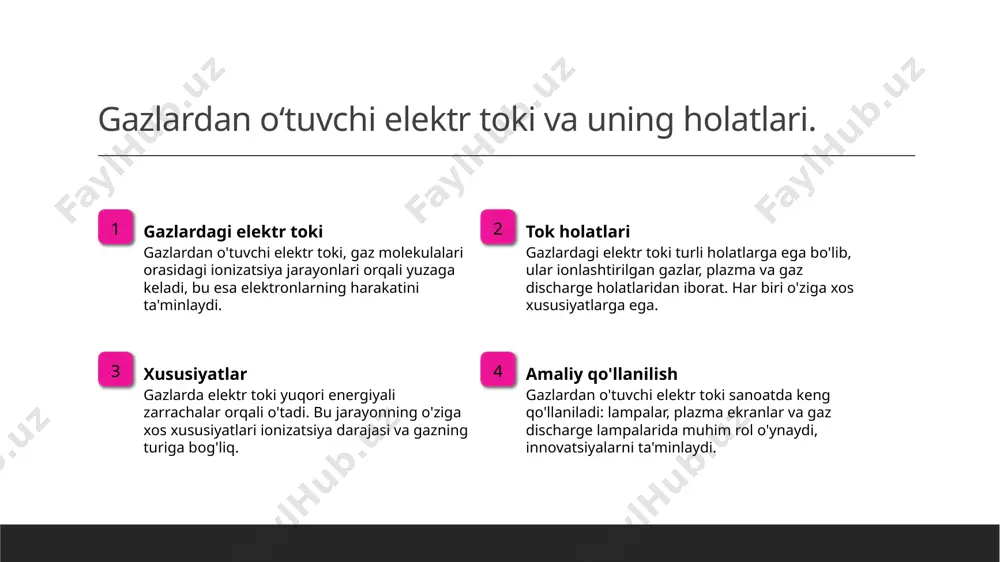i surilgan tadqiqotlar ilgari surilgan tadqiqotlar, elektr maydonlari va gaz discharge jarayonlarini chuqur o'rganishga qaratilgan. bular yangi materiallar va texnologiyalarni yaratishga imkon beradi. xulosa 01 gazlarda elektr toki gazlarda elektr toki, ionizatsiya jarayonlari va elektr maydonlarining ta'siri haqida muhim ma'lumotlar taqdim etildi. ushbu tushunchalar zamonaviy ilm-fanda muhim o'rin tutadi. 02 ionizatsiya va plazma ionizatsiya jarayoni gaz molekulalarining elektr toki bilan aloqasi natijasida yuzaga keladi. plazma holati esa gazda ionlar va elektronlar bilan to'la muhitni anglatadi. 03 sanoatdagi qo‘llanilishi gazlarda elektr toki sanoatda keng qo'llaniladi. ular ishlab chiqarish jarayonlari, energiya ishlab chiqarish va yuqori texnologiyalarni rivojlantirishda muhim ahamiyatga ega. e'tiboringiz uchun rahmat! /docprops/thumbnail.jpeg