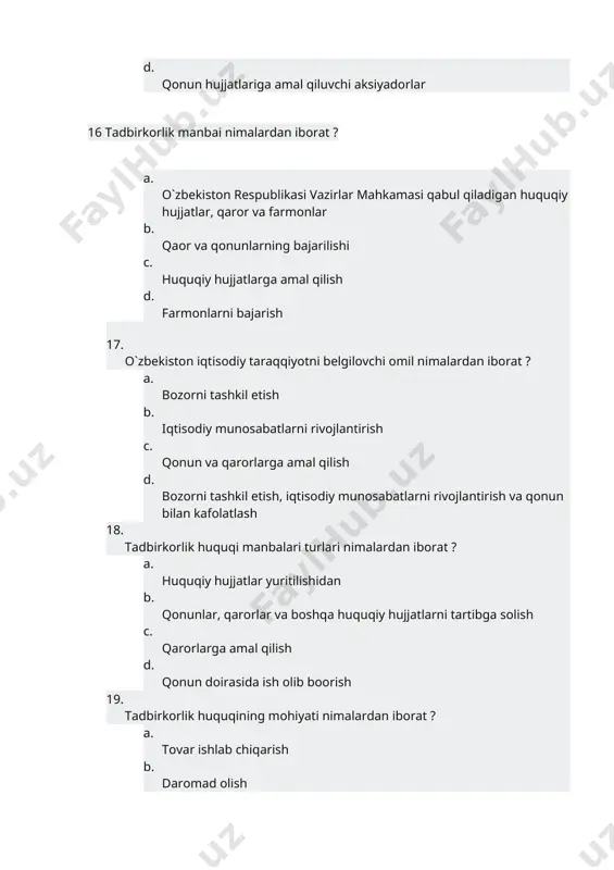 h kil etkan holdagi oilaviy tadbikorlik qanday nomlanadi a. oilaviy shirkat b. oilaviy biznes c. oilaviy korxona * d. oilaviy tadbirkorlik 14.sodalash tirilgan tartibda tolanadigan soliqlar nechta a. uch* b. ikki c. to’rt d. besh 15.korxonaning mehnat resurslari biznes rejaning qaysi tarkibiy qismiga tegishli a. moliyaviy reja b. marketing rejasi c. tashkiliy reja d. ishlab chiqarish rejasi * 16.ishlab chiqarish omilariga quydagilardan qaysi biri kiradi a. tayyor mahsulot b. kapital* c. bozor d. ishlab chiqarishni natijalari 17.davlat budjeti daromat qismidan harajat qismi ko’p bolsa a. budjet kamomadi * b. budjet difitsiti c. davlat qarzi d. budjet frofitsiti 18.narxlash qaysi turdagi tovar bevosita iste’molchilarga sotiladi. a. ulgurji b. ishlab chiqarish c. chakana * d. to’g’ri javob yo’q 19. mamlakat iqtisodiyotini bir marta tebranishiga bir o’sib so’ng pasayishiga nima deyiladi? a. iqtisodiy davr* b. iqtisodiy pasayish c. iqtisodiy tebranish d. iqtisodiy o’sish 20.shirkat firmalarda a. o’zlarini yollab oz faoliyatlarini olib boradilar b. …