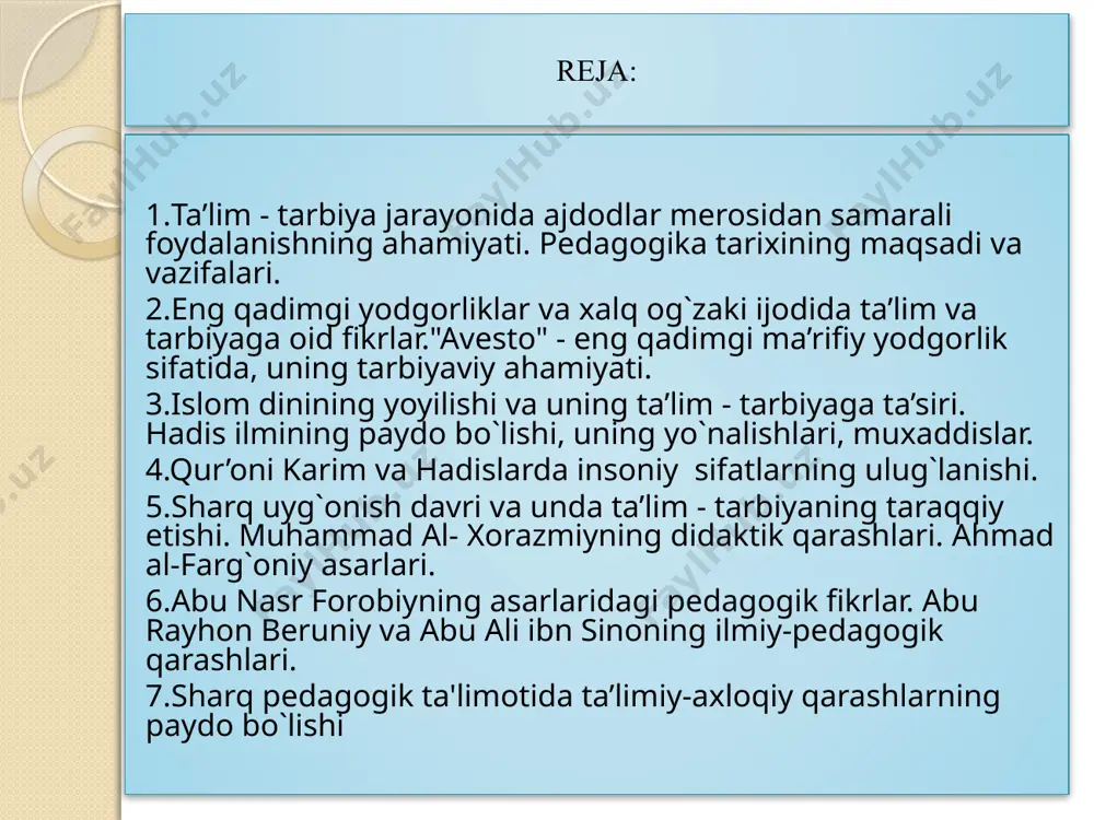 lar; 8) sharq va g’arb mutafakkirlarining asarlari. pedagogika tarixini davrlashtirish muammosi. pedagogika tarixini davrlashtirishga doir xilma-xil yondashuvlar mavjud. so’nggi yillarda o’zbekistonda pedagogika tarixini o’rganishga doir eng keng tarqalgan davrlashtirish o’zida quyidagi bosqichlarni aks ettiradi: 1) eng qadimgi davrlardan o’zbekiston respublikasi mustaqillikka erishgunga qadar; 2) mustaqillikka erishilgandan to hozirgi kungacha o’zbekistonda pedagogik fikrlar rivoji; 3) jahon pedagogik fikrlari rivoji (eng qadimgi davrlardan hozirgi kungacha). biroq pedagogika tarixini insoniyat tarixi bilan bog’liqlikda o’rganish maqsadida quyidagi tarzda davrlashtish maqsadga muvofiq: 1) eng qadimgi davrlardan vii asrgacha ta’lim-tarbiya va pedagogik fikrlar; 2) vii asrdan xiv asrning birinchi yarmifacha o’rta osiyoda tarbiya, maktab va pedagogik fikrlar; 3) sharq uyg’onish davrida pedagogik fikrlarning rivojllanishi; 4) xiv asrning ikkinchi yarmi va xvi asrda movaraunnahrda tarbiya va maktab; 5) xiv asrning ikkinchi yarmi va xvi asrda movaraunnahrda pedagogik fikrlar rivoji; 6) xvii asrdan xix asrning yarmigacha tarbiya, maktab va pedagogik fikrlar rivoji; 7) xix asrning 2-yarmi – xx …