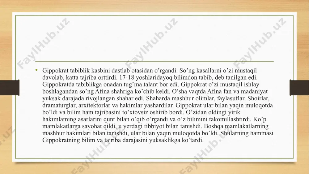 tibbiyotga qiziqib qolib, uni yaxshi o’zlashtirib olgan. kasalxonada ishlab va tibbiy maktabda o’qib tajribasini orttirgan. aleksandriyada ko’p yil yashab, bu shahardagi yuksak fan va madaniyat bilan tanishgan. so’ng tug’ulgan shahri pergamga qaytib kelb, tabiblik kasbi bilan shug’ullangan. bu yerda flziologik eksperimentlar o’tkazgan. nafas olishjarayonini tekshirib, unda ko’krak muskullari va diafragma ishtirok etishini isbotladi. bosh miyani tekshirib, unda harakat qilish, fikrlash va sezish markazlari mavjud ekanligini belgiladi. buyuk faylasuf aristotel esa sezish va fikrlash markazi yurakda bo’ladi, deb o’ylagan edi. galen parhez terapiyasiga alohida ahamiyat bergan. vning fikricha ba’zi kasalliklami faqat parhez yo’li biian ham davolash mumkin. vning ta’kidlashicha bemomi davolashdan ko’ra kasallikning oldini olish oson va muhim. bundajismoniy tarbiya asosiy rol o’ynaydi. galenning tibbiyotga oid eng yirik asarlaridan biri “odam tanasi qismlarining ahamiyati” nomli kitobdir. bu kitob 17 jilddan iborat bo’lib, unda odam organizmining tuzilishi, undagi a’zolar, ulaming xususiyatlari va funksiyalari bayon etilgan. galenning tibga oid asarlaridan bizga ma’lumlari quyidagiiardir: …