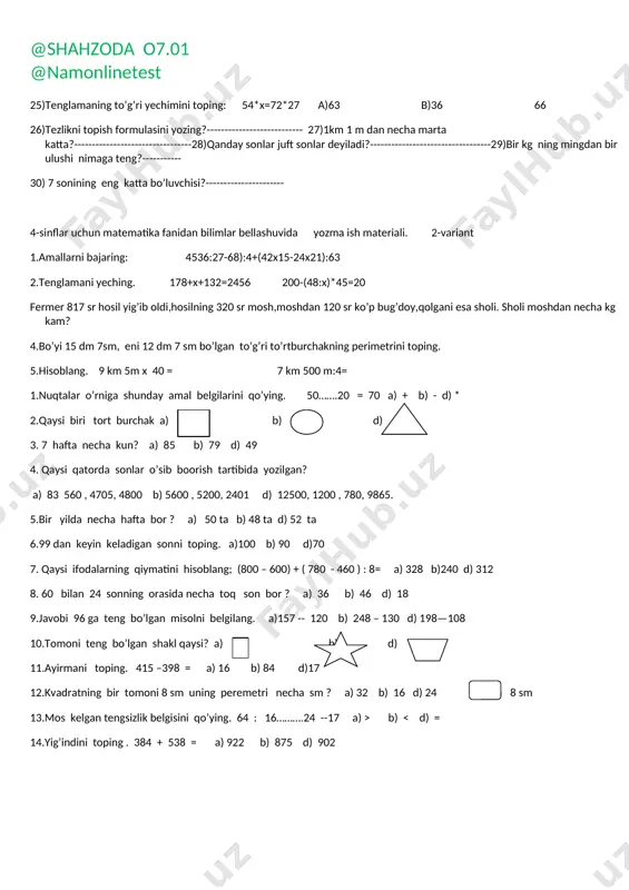 4-sinflar uchun matematika fanidan bilimlar bellashuvida i-variant - Page 2