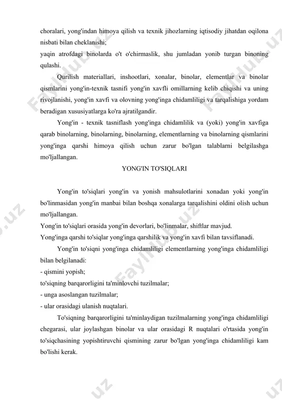 va (yoki) yong'in xavfiga qarab binolarning, binolarning, binolarning, elementlarning va binolarning qismlarini yong'inga qarshi himoya qilish uchun zarur bo'lgan talablarni belgilashga mo'ljallangan. yong'in to'siqlari yong'in to'siqlari yong'in va yonish mahsulotlarini xonadan yoki yong'in bo'linmasidan yong'in manbai bilan boshqa xonalarga tarqalishini oldini olish uchun mo'ljallangan. yong'in to'siqlari orasida yong'in devorlari, bo'linmalar, shiftlar mavjud. yong'inga qarshi to'siqlar yong'inga qarshilik va yong'in xavfi bilan tavsiflanadi. yong'in to'siqni yong'inga chidamliligi elementlarning yong'inga chidamliligi bilan belgilanadi: - qismini yopish; to'siqning barqarorligini ta'minlovchi tuzilmalar; - unga asoslangan tuzilmalar; - ular orasidagi ulanish nuqtalari. to'siqning barqarorligini ta'minlaydigan tuzilmalarning yong'inga chidamliligi chegarasi, ular joylashgan binolar va ular orasidagi r nuqtalari o'rtasida yong'in to'siqchasining yopishtiruvchi qismining zarur bo'lgan yong'inga chidamliligi kam bo'lishi kerak. yong'in to'sig'ining yong'inga olib kelishi yong'in xavfli tomoni bilan to'siqning barqarorligini ta'minlovchi qo'shimcha joylar va inshootlar bilan belgilanadi. funktsional yong'in xavfi bilan binolarni tasniflash binolar va binolarning qismlari - funktsional ravishda o'zaro bog'langan xonalar yoki binolar …