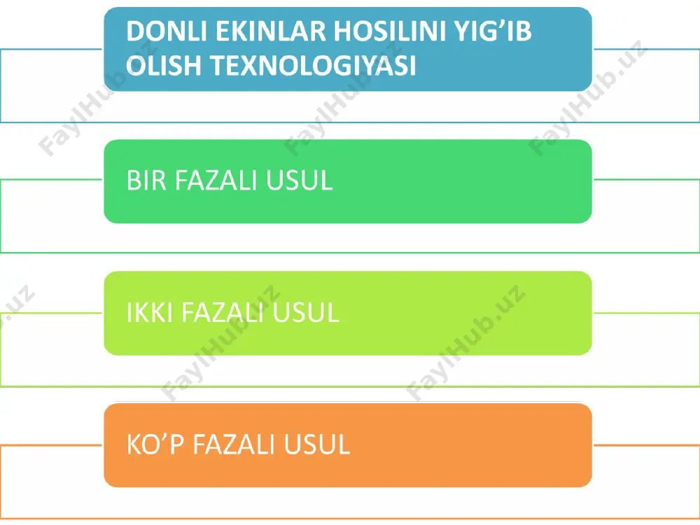 irli va havo bilan tozalaydigan qurilmalar kabi turlarga bo’linadi; mashinani xirmonda harakatlanishiga qarab: muqim va harakatlanuvchi mashinalarga bo’linadi. * don tozalash va saralash mashinasining ishlash sxemasi: 1- transportyor- ta’minlagich; 2- shnekli tushadigan tirqishni o’zgartiradigan to’siq; 3- taqsimlovchi shnek; 4- don to’plagich; 5-birinchi aspiratsion kanal; 6,8- tindirgich; 7- ventilyatorlar; 9-don ko’tarish elevatori; 10,11-triyerlar; 12-ikkinchi aspiratsion kanal; 13- mayda chiqindilar shnegi. diqqat! yozib oling va eslab qoling! rotorli kombaynlar begona o’simliklardan, ayniqsa, g’alla poyalariga o’ralib o’suvchi (pechak) va yo’g’on poyali (qamish, g’umay, ko’k sho’ra) kabi bir va ko’p yillik begona o’tlardan tozalangan maydonlarda, barabanli kombaynlar esa turli darajada o’t bosgan maydonlardagi g’allani o’rib olishda yuqori samaradorlik bilan ishlatish imkoniyatiga ega