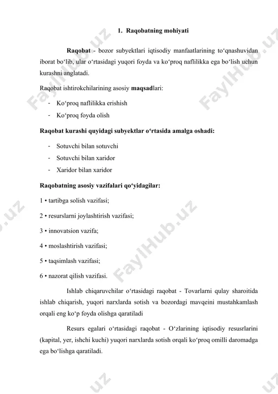 tarmoqlar korxonalari oʻrtasida eng yuqori foyda normasi olish uchun olib boriladigan kurashdan iborat. raqobatning usullari quyidagilar: halol raqobat - iqtisodiy usullarni qoʻllash, salbiy holatlarga barham berish gʻirrom raqobat - tajovuzkorlik, shavqatsizlik, narxni pasaytirish narx vositasida raqobat - dyemping, narxlar jangi narxsiz raqobat - xizmat, sifat halol raqobat - raqobat kurashida jamiyat tomonidan tan olingan iqtisodiy usullarni qoʻllash, oʻzining maqsad va manfaatlariga erishishda umumjamiyat manfaatlariga zid keluvchi holatlarni qoʻllamaslik kabi qoidalarga asoslanadi. halol raqobatning quyidagi belgilarini ham koʻrsatib oʻtish maqsadga muvofiq hisoblanadi: · qalbaki bellashuv, majburiy safarbarlikni tan olmaydi · boqimandalik, befarqlik, yuzakichilik, koʻzboʻyamachilik kabi salbiy holatlarga barham beradi; · qarindosh-urugʻchilikni, oshna-ogʻaynigarchilikni, tanish-bilishlikni, maʼmuriy-buyruqbozlikni tan olmaydi gʻirrom raqobat - raqobatlashuvning noanʼanaviy, jamiyat tomonidan eʼtirof etilmagan, ijtimoiy ahloq qoidalari doirasidan chetga chiquvchi, noiqtisodiy (yaʼni, jismoniy kuch ishlatish, majburlash, raqiblarning obroʻsiga putur yetkazish va h.k.) usullaridan foydalanishga asoslanadi. narx vositasida raqobat - kurashning asosiy usuli boʻlib ishlab chiqaruvchilarning oʻz tovarlari narxini boshqa ishlab …
