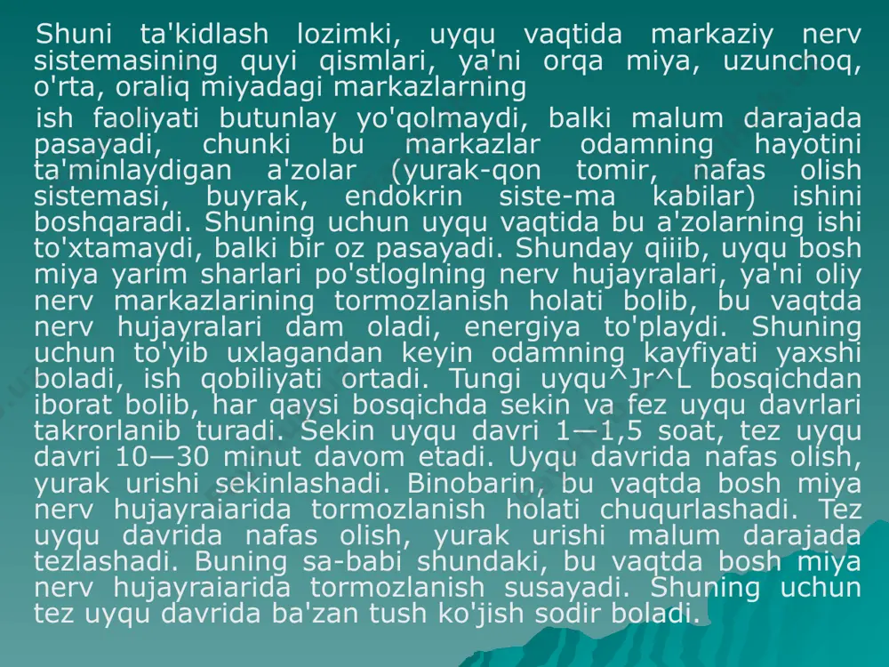 iv psixik hodisa. chuqur uyqu vaqtida bosh miya po'stloq qismining nerv hujayralari butunlay tormozlanadi va bunda tush ko'rilmaydi. uyqu yuzaki bo'lganida bosh miya po'stlog'ining ayrim qismlaridagi5 ayniqsa ensa qismidagi ko'rish markazining nerv hujayralari to'liq tormozlanmaydi, ya'ni ularning ba'zilari kuchsiz qo'zg'alish holatida bo'ladi. ana shu vaqtda tush ko'rish sodir bo'ladi. tush ko'rish asosan tez uyqu davrida yuzaga keladi. tush ko'rish odamning ko'rgan-kechirganlari, maqsadlari, istaklari kabilaming bosh miya po'stlog'i markazlaridagi izlarining tiklanishidir. i. m'f sechenov «tush ko'rish — bu odam ko'rgan-kechirganlari ta'sirining uyqu vaqtida aralash-quralash holdagi ko'rinishidir» degan edi. image1.jpeg image2.jpeg image3.jpeg image4.jpeg /docprops/thumbnail.jpeg