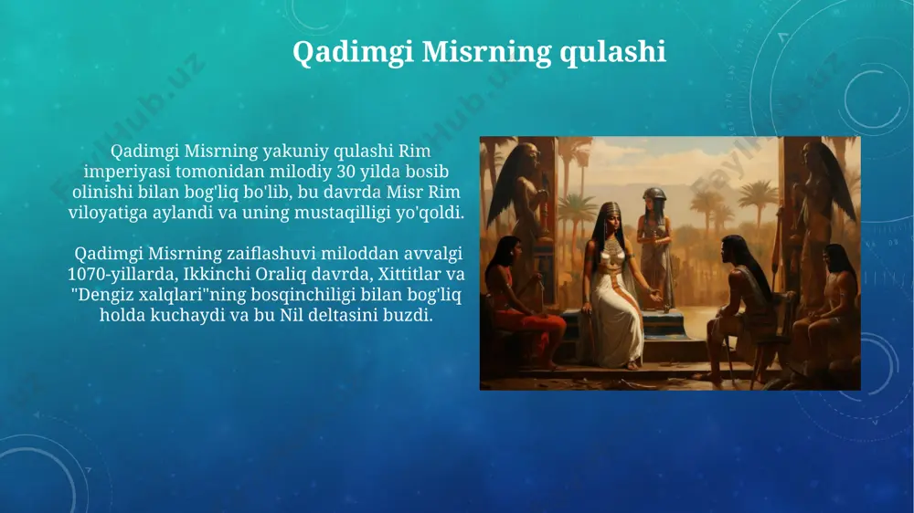 ha turli ijtimoiy qatlamlar mavjud edi. san'at va me'morchilik abu simbeldagi ikkita ulkan abu simbel ma'badi, firon ramses ii davrida (miloddan avvalgi 1274-1213 yillar) qurilgan bo'lib, ularda 20 metrdan baland tosh haykallar mavjud. qadimgi misr me'morchiligining ajoyib namunasi bo'lmish giza piramidalar majmuasi, taxminan 2580-2560 yillar oralig'ida qurilgan bo'lib, 3 ta ulkan piramida va sfinks haykali kiradi. faraonlar va ularning hokimiyati fir'avnlarning mutlaq hokimiyati diniy va siyosiy kuchlarning birlashuvi bilan bog'liq bo'lib, ularni "xor seth" va "ra" kabi xudolar bilan tenglashtirishgan. qadimgi misrda 30 dan ortiq fir'avnlar hukmronlik qilgan, ularning ba'zilari, masalan, xufu, xefren va menkaure kabi buyuk piramidalarni giza platosiga qurdirgan. e'tiboringiz uchun rahmat @taqdimot_robot image3.png image4.jpg image5.jpg image6.jpg image7.jpg image8.jpg image9.jpg image10.jpg image11.jpg image12.jpg image13.jpg image14.jpg image15.jpg image16.jpg image17.jpg image18.jpg image19.jpg image20.jpg