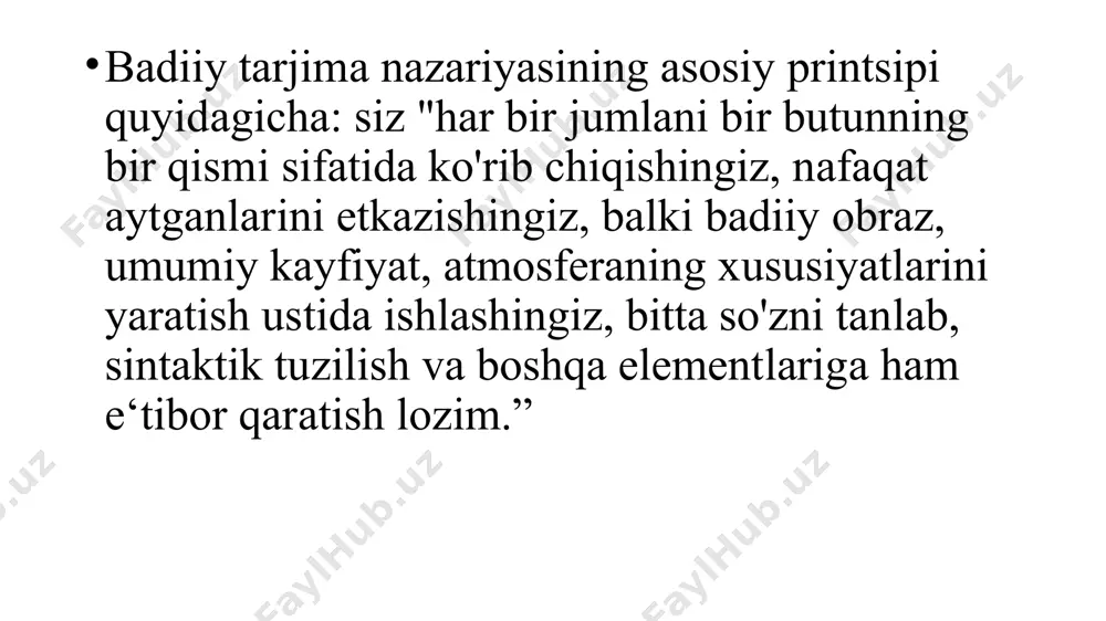 mumkin. bu borada badiiy tarjimani kommunikativ tarjima bilan tenglashtirish mumkin. "aslida, odatda, kundalik hayotda badiiy va xususan, badiiy tarjima deb ataladigan narsa, aslida qabul qiluvchining pragmatikasini hisobga oladigan kommunikativ tarjimadir" badiiy matn tarjimasining pragmatik tomonini hisobga olgan holda, badiiy tarjima deganda biz tarjima faoliyatining bir turini nazarda tutamiz, uning asosiy vazifasi tarjima tilida badiiy -estetik ta'sir o'tkaza oladigan nutq asarini yaratishdir. tarjima retseptorlari, bu san'at asarining manba tiliga ta'siriga teng. badiiy tarjimaning o'ziga xos xususiyati shundaki, tarjima paytida ikki madaniy tizimning to'qnashuvi yuz beradi, bu muqarrar ravishda madaniy tendentsiyalar aralashmasini hosil qiladi. tematik va uslubiy jihatdan tarjima matni, unda ikkita madaniyat bir -biriga o'xshashligi bilan ajralib turadi. har bir tarjima ozmi -ko'pmi tarjima aloqasi doirasida "tarjimada o'lchovlararo omil" atamasi bilan ko'rsatilgan bu qarama -qarshilikni aks ettiradi . tarjimonning vazifasi - bu omilni muvozanatlash. har bir so'z va har bir lingvistik elementga cheksiz xilma -xil semantik soyalar yuklanadi va tarjimon shu …
