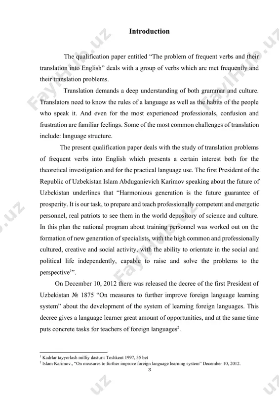 n the process of translation; 4. to study the use of componential and translation analysis in translation; 5. to review all possible source illustrating frequency. the theoretical importance of the paper. studying translation problems of frequent verbs shows the fact that equivalence is crucial and be encountered by the translator. this work helps to enrich or to build a basis to develop translation theory. the practical value of the paper. this work can be used in seminars on translation theory and lexicology to debate on issues said above. it is also useful in working out manuals, textbooks and etc. the structure of the paper. this work consists of an introduction, two chapters, conclusion and the list of used literature. the theme of the work is “the problem of frequent verbs and their translation into english”. introduction highlights actuality, aim, tasks, theoretical and practical values of the paper and etc. the …