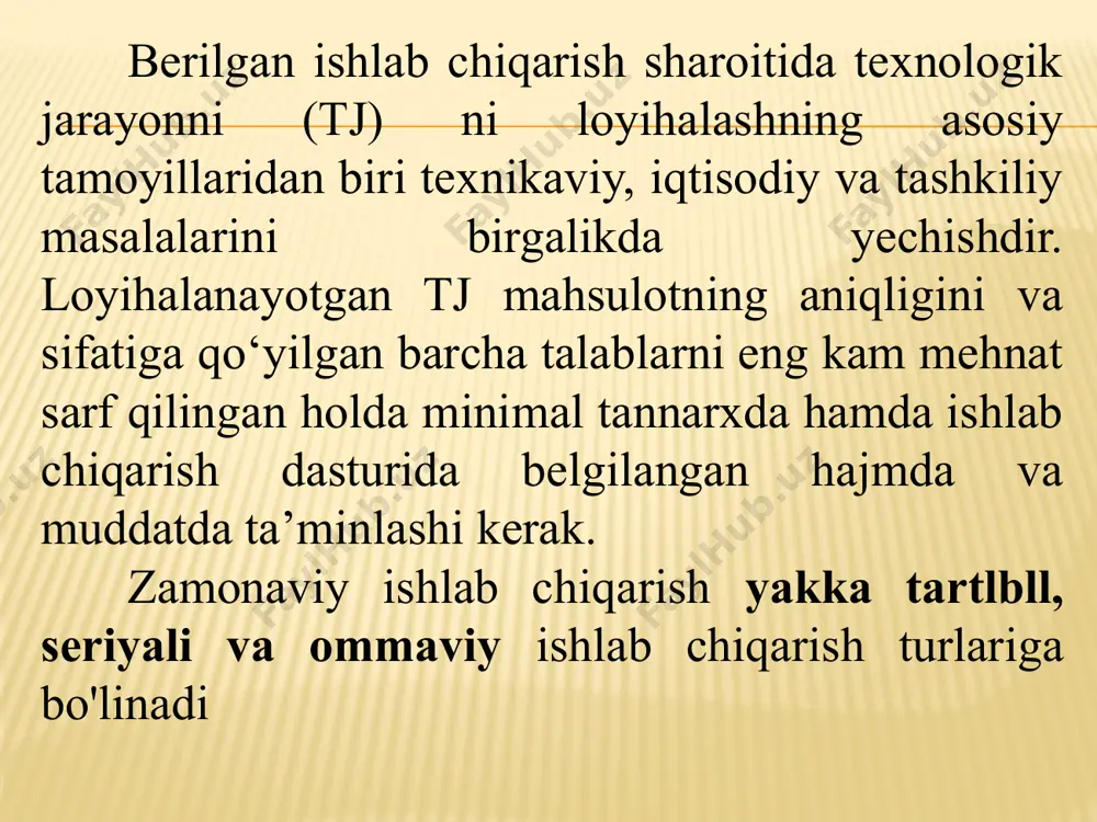 iga qarab: seriyali ishlab chiqarishda universal, maxsuslashgan va qisman maxsus jihozlar ishlatiladi. shu bilan birga ishlov beruvchi markazlar, universal-yig'ma va qayta tez sozlanadigan texnologik jihozlar ham keng koiamda qo'llaniladi. zamonaviy ishlab chiqarishning asosi boiib seriyali ishlab chiqarish hisoblanadi. chunki hozirgi vaqtda seriyali ishlab chiqarish mashinasozlikda ishlab chiqarilayotgan mahsulouarning 75-80 % ni tashkil qiladi mehnatni tashkil qilish shakllari yuqoridagi ko'rilgan har bir ishlab chiqarishda ishni tashkil qilish shakli va jihozlami joylashtirish alohida ahamiyatga ega bo'lib, bu mahsulot va ishlab chiqarish texnologik jarayoni tavsifi hainda ishlab chiqarish hajmi va boshqa omillarga bogiiqdir mehnatni tashkil qilish shaklining quyidagi turlari mavjud: dastgohlar turi bo'yicha asosan yakka tartibli ishlab chiqarishda qo‘llanilib, dastgohlar ishlov berish turi bo'yicha, ya’ni bir xil turdagi ishlov berish uchun dastgohlar uchastkasi tashkil qilinadi, masalan, tokarlik, sidirish, frezerlik va hokazo. predmeth - seriyali, ayrim detallar uchun ommaviy ishlab chiqarishda ham qoilaniladi. 3. oqim bo'yicha seriyali yoki o'zgaruvchan oqim bo'yicha. dastgohlar detallarga ishlov …