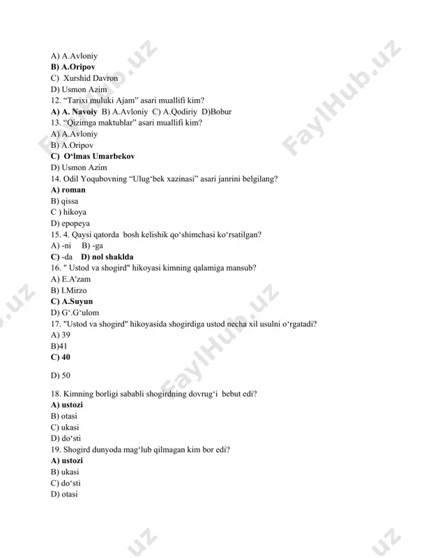 atilgan? a) -ni b) -ga c) -da d) nol shaklda 16. " ustod va shogird" hikoyasi kimning qalamiga mansub? a) e.a'zam b) i.mirzo c) a.suyun d) g‘.g‘ulom 17. "ustod va shogird" hikoyasida shogirdiga ustod necha xil usulni oʻrgatadi? a) 39 b)41 c) 40 d) 50 18. kimning borligi sababli shogirdning dovrugʻi bebut edi? a) ustozi b) otasi c) ukasi d) do‘sti 19. shogird dunyoda magʻlub qilmagan kim bor edi? a) ustozi b) ukasi c) do‘sti d) otasi 20. ustod va shogird oʻrtasidagi jangda kim gʻolib boʻladi? a) shogird b) ustoz c) ikkalasi ham oʻladi d) do‘sti 21 . ustod nomard shogirdini qanday magʻlub qildi? a) qoqilgani uchun b) 41- usulini oʻrgatmagani uchun c) shogird gʻolib boʻldi jangda d) 40-usulini o‘rgatmagani uchun 22. mardlar joyi ....? a) shonli maydon b) uy c) urush d) kengash 23. shogirdni ustozi bilan jang qilishiga majburlagan narsa ? a) kibr b) aql c) kuch d) …