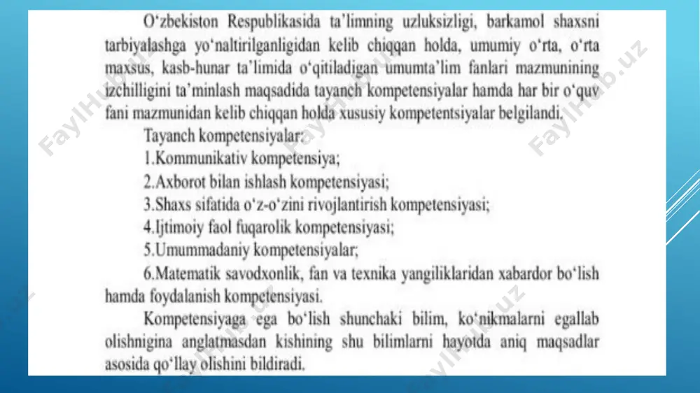 a vaziyatlar (tabiiy ofatlar, texnologik jarayon ishdan chiqqan)da, pedagogik nizolar yuzaga kelganda oqilona qaror qabul qilish, to‘g‘ri harakatlanish malakasiga egalik” [5;143-b]. umumiy o‘rta va o‘rta maxsus, kasb-hunar taʼlimining umumiy o‘rta taʼlim fanlari bo‘yicha malaka talablarining tuzilishida kompetentsiyalarni shakllantirish quyidagi koʻrinishlarini nazarda tutadi: kommunikativ kompetentsiya – o‘quvchilarda guruhlarda va jamoalarda ijodiy ishlay olish, hamkorlik qila olish. o‘quvchilarning bilim, ko‘nikma, malakalari va kompetentlilik darajalarini shakllantirish bo‘yicha tarix fani taʼlimi maqsadlarini va baholash mezonlarini aniqroq va yaqqolroq belgilovchi quyidagi tamoyillar belgilandi. bilish, o‘rganish – o‘rganilgan materialni bilib olish, qayta aytib bera olish. tushunish, idrok qilish – o‘rganilgan materialni xotirada saqlab qolish, mohiyatini idrok etish va tushunganlikni namoyish qilish, bir darvdan boshqa davrga ko‘chira olish. u yoki bu holatga tanqidiy baho bera olish. munozaralarda ishtirok eta olish. o‘zining fikrini va qarashlarini fanda olgan bilimlari asosida himoya qila olish. qo‘llay olish – o‘rganilgan umumiy tushuncha, atamalarni, muammoli vaziyatlarga, misol orqali tadbiq eta olish hamda samarali …