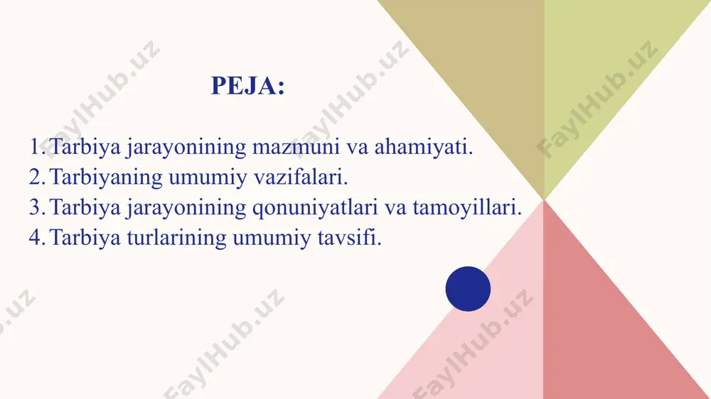 timoiy-kasbiy guruhlarning qiziqishlarini hisobga olgan holda ijtimoiy munosabatlar doirasida jamiyat a’zolarming harakatini tartibga solish. 8 3.tarbiya jarayonining qonuniyatlari va tamoyillari. tarbiya jarayoni o'qituvchi va ta’lim oluvchi (tarbiyachi va tarbiyalanuvchi)lar o'rtasida tashkil etiluvchi hamda aniq maqsadga yo'naltirilgan hamkorlik jarayonidir. tarbiya jarayoni o‘ziga xos xususiyatlarga ega: tarbiya jarayonining o‘ziga xos xususiyatlari maqsadga yo'naltirilganligi ko‘p qirrali jarayon biroq kafolatlanishi zarurligi ikki tomonlamaiilik natijalaming oldindan aniqlanmasligi variativligi uzoq muddat davom etishi yaxlitligi uzluksizligi tarbiya qonuniyatlari - bu bir tomondan, ijtimoiy hodisa sifatida tarbiyaning xususiyatlari, ikkinchi tomondan, shaxsning rivojlanishi bilan bog‘liq bo'lgan barqaror aloqalar yig'indisi. tarbiya jarayonining quyidagi qonuniyatlari mavjud: ijtimoiy muhitning obyektiv va subyektiv omillariga bog'liqligi; tarbiyaning shaxsning rivojlanishi bilan birligi va o‘zaro bog'liqligi; faoliyat va munosabatni e’tirof etish shaxsning ijtimoiy ahamiyatga ega fazilatlarini shakllantirishning negizi va asosiy manbai; tarbiyalanuvchilaming o'zaro tarbiyaviy ta’siri, o'zaro munosabatlari hamda faol faoliyati о‘rtasidagi bog'lanish; tarbiya va o‘zini-o‘zi tarbiyalashning intensivligi; tarbiyalanuvchining «ichki olami»ga ta’sir etishning intensivligi; tarbiyalanuvchilarda verbal va …