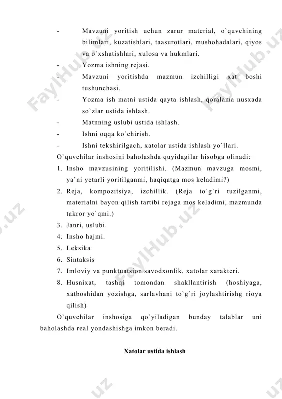 n lug’at ishiga, ta’limiy xarakterdagi yozma ishlarga ko’proq o’rin berish zarur. imlosi qoidalashtirilmagan va qiyin so’zlar jadvali tuzilib, sinf xonasiga o’quvchilarga ko’rinarli qilib osib quyilishi ham foydalidir. foydalanilgan adabiyotlar ro`yxati: 1. i.a.karimov “o`zbekiston buyuk kelajak sari” t. 1999 y. 2. i.a.karimov “yuksak ma’naviyat – yengilmas kuch” t. 2009 y. 3. i.a.karimov “milliy istiqlol g`oyasi: asosiy tushuncha va tamoyillar” t. 2001 y. 4. i.a.karimov “barkamol avlod o`zbekiston taraqqiyotining poydevori” t. 1997 y. 5. ta’lim taraqqiyoti umumiy o`rta ta’limning davlat ta’lim standartlari va o`quv dasturi. o`zbekiston respublikasi xalq ta’limi vazirligining axborotnomasi. t. 1999 y. 6. boshlang`ich ta’lim bo`yicha yangi tahrirdagi davlat ta’lim standarti. t. 2010 y. 7. abdullayeva q. va boshqalar. o`qish kitobi. 2- sinf uchun darsli. t. o`qituvchi 2007 y. 8. kadrlar tayyorlash milliy dasturi. t. 1997 y. 9. roziqov o va boshqalar . ona tili didaktikasi. t. yangi asr avlodi. 2005. 10. to`xliyev b va boshqalar. o`zbek tili o`qitish metodikasi. …