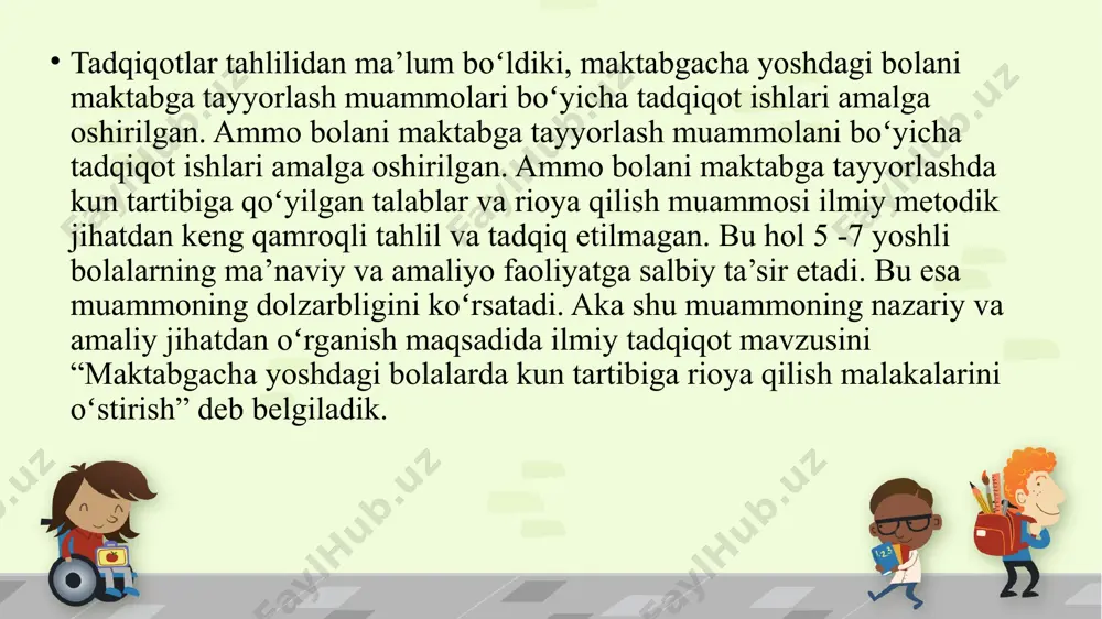 asturida belgilangan daraja bilan bolaning ob'ektiv imkoniyatlari o'rtasidagi tafovutni yumshatadi. mtm-bu maktabgacha yoshdagi bolaning ichki dunyosi va uning ijtimoiy muhitini batafsil o'rganish asosida chaqaloqning har tomonlama rivojlanishi va uning shaxsiy salohiyatini ro'yobga chiqarishni boshqarish. bu o'qituvchi, o'quvchi va ota -onalar o'rtasidagi hamkorlik samaradorligini ko'rsatadi. e’tiboringiz uchun rahmat image2.png image6.jpeg image3.png image7.jpeg image8.jpeg image1.png