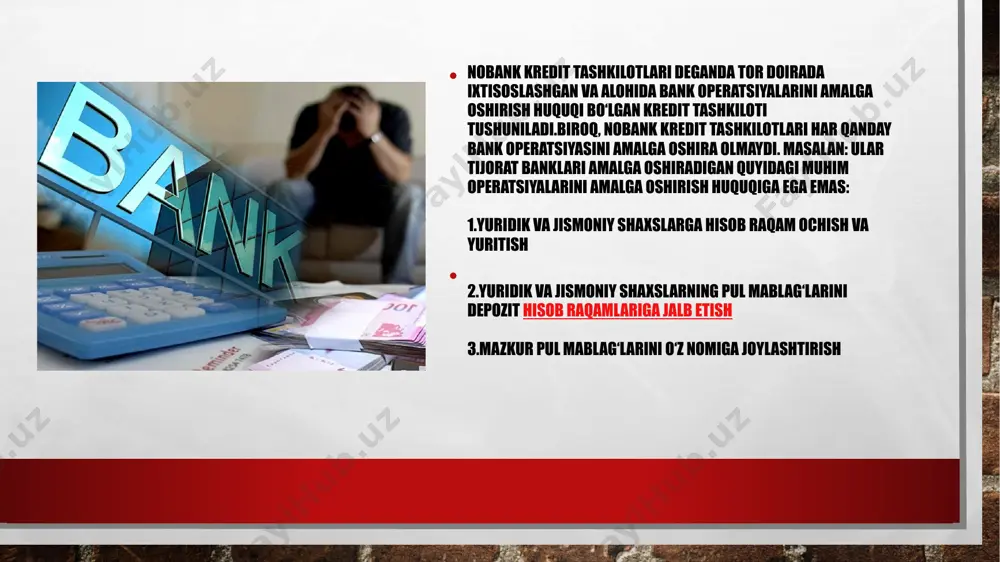 utlarga esa umumiy tijorat hamda banklar qonunchiligi ko‘llanilmaydi. xalqaro amaliyotda nobank kredit tashkilotlariga quyidaglar kiradi: 1.kredit uyushmalari. ular faqat o‘z-o‘zlariga depozit qabo‘l qiladi va o‘z-o‘zlariga kredit beradi. 2.mikrokredit tashkilotlari. mikrokredit tashkilotlar aholining iqtisodiy-ijtimoiy jihatdan aktiv ammo kam ta’minlangan qatlamlariga kredit beradi. ular depozit va omonatlar qabo‘l qilish huquqiga emas. 3.lombardlar oltin va tilla taqinchoqlarni garovga olish yo‘li bilan kredit beradi. 4.lizing kompaniyalari 5.faktoring kompaniyalari. lizing kompaniyalari bahosi yuqori va muddatli foydalaniladigan tovarlarni to‘la qiymatda sotib olib ularni lizingga beradi. a)moliyaviy lizing b)operativ lizing faktoring kompaniyalari tovarlar bilan bog‘liq hujjatlarni sotib olish, ularni rasmiylashtirish va buxgalteriya hisobida yuritish bilan shug‘ullanadi. kliring muassasalari. kliring palatalari banklar o‘rtasida to‘lov instrumentlari bo‘yicha o‘zaro hisob-kitoblarni amalga oshiradi. -kredit kooperativlari ma’lum bir sohada faoliyat yuritayotgan -subyektlarni kreditlash maqsadida tashkil etilgan. -pensiya fondi -sug‘urta kompaniyalari. inkassatsiya tashkilotlari. bu tashkilotlar naqd pullardan va to‘lov hujjatlarini inkassatsiya qilish bilan shug‘ullanadi. lekin o‘zbekistonda bunday tashkilotlar yo‘q. respublikamizda naqd pullarni inkassatsiya …