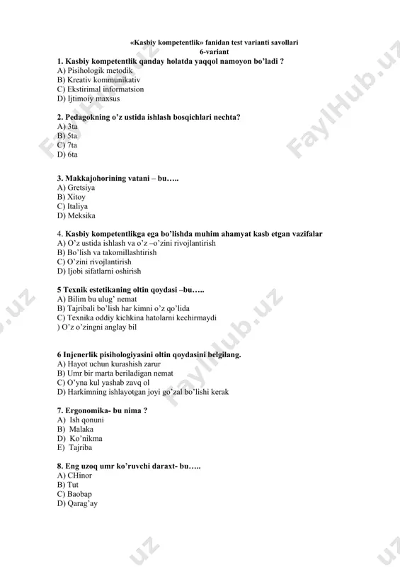 mantiqiylik 11. intuitsiya so’zini manosi nima? a) yunoncha o’rganmoq b) fransuzcha kuztmoq c) inglizsa tahlil qilmoq d) lotincha diqqat bilan qaramoq 12 рedagogik qobilyat – bu…. a) pedagogning faoliyatini amaliy va samarali bajarish b) pedagogning o’z o’zini rivojlantirish d) pedagok o’z o’zini takomillashtirishi e) pedagok muamolarini yechishi 13. buzoqchalar o’lkasi degan manoni bildiruvchi davlt nomi a) yaponiya b) meksika c) xitoy d) italiya 14. noyob qobiliyatlar tushunchasining mazmuni nima? a) shahsning miya qobig’idagi hususiyatlari b) insoning his etish va hohish istaklari c) insoning aql bovar qilmas darajadagi pisixologik hodisa d) yuqoridagi barchasi 15. pantomimika bu nima a) insoni ruxlantirish b) insoni shakilantirish c) gavda qo’l va oyoqlari harakati d) ava b javob to’g’ri 16. mimika atamasini izohlang a) bosh harakati b) yuz muskullari harakati c) qo’l muskullari harakati d) oyoq muskullari harakati 17. o’qtuvchi nutqi deganda nimani tushinasiz? a) pedagokning talim jarayonida til vositasidan foydalanishi b) pedagokning o’z fikr va …