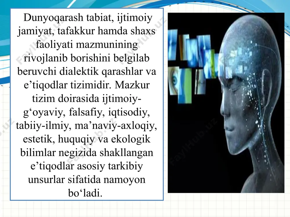 acha bo'lgan harakatni talab etadi. o‘quvchilarning ijobiy emosional holati ta’lim muassasasida ijobiy ijtimoiy-psixologik muhitni yaratishga - adabiyotlar va san’atni ishlab chiqishga, olimlarning hayoti va faoliyati, ijtimoiy faoliyatiga,o‘zining shaxsiy tajribasiga e’tibor qaratishni uyg‘otadi. o‘quvchilarning amaliy faoliyat sohasi yetarlicha keng bo‘lishi mumkin. o‘quv-mehnat va ijtimoiy faoliyat o‘quvchilarni keng doiradagi ijtimoiy munosabatlarga jalb qiladi, muloqot tajribasi, har tomonlama axborotlar bilan qurollantiradi. ta’lim-tarbiyani tashkil etish jarayonida fanlararo aloqadorlik, ijtimoiy va tabiiy omillarning o‘zaro muvofiq kelishiga erishish omillari, atrof-muhit hamda ijtimoiy munosabatlar ta’sirida shaxs kamolotini ta’minlashga erishish imkoniyatlaridan unumli foydalanishga intilish maqsadga muvofiqdir. ta’lim muassasalarida o‘quv predmetlari sifatida tavsiya etilgan fanlar asoslarining o‘quvchilar tomonidan chuqur o‘zlashtirilishi ularda keng dunyoqarashni shakllantirishga yordam beradi. pedagogning ijtimoiy va kasbiy pozisiyasi ilmiy dunyoqarashni shakllantirishning muhim omili sifatida aks etadi. dunyoqarashni shakllantirishning muvafaqqiyati ko‘pincha, o‘quvchilarning o‘qituvchiga ishonchiga asoslanadi. aqliy tarbiya va ilmiy dunyoqarashning asosiy belgilari va mohiyati. shaxs dunyoqarashining shakllanishida aqliy tarbiya muhim o‘rin tutadi. aqliy tarbiya shaxsga tabiat va …