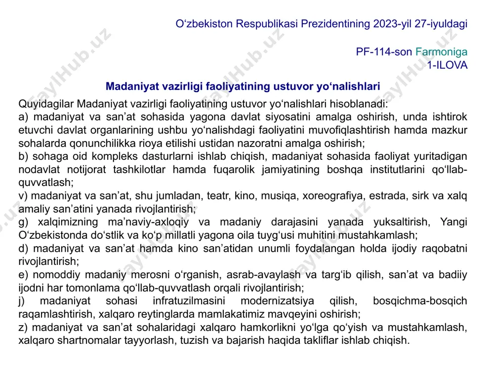 qo‘yish va mustahkamlash, xalqaro shartnomalar tayyorlash, tuzish va bajarish haqida takliflar ishlab chiqish. vazirlar mahkamasining 2021-yil 7-sentabrdagi 558-son qaroriga 1-ilova o‘zbekiston respublikasi madaniyat vazirligi to‘g‘risida nizom 1-bob. umumiy qoidalar 1. mazkur nizom o‘zbekiston respublikasi madaniyat vazirligining (keyingi o‘rinlarda — vazirlik) maqomi, asosiy vazifalari va funksiyalarini, huquqlari va javobgarligini, faoliyatini tashkil etish hamda hisobot berish tartibini, shuningdek, uning rahbarlarining funksional vazifalari va mas’uliyatini belgilaydi. 2. vazirlik madaniy faoliyat sohasidagi davlat siyosatini amalga oshiradigan vakolatli respublika ijro etuvchi hokimiyat organi hisoblanadi. 3. vazirlik o‘zbekiston respublikasi vazirlar mahkamasiga (keyingi o‘rinlarda — vazirlar mahkamasi) bo‘ysunadi. 4. vazirlik o‘z faoliyatida o‘zbekiston respublikasi konstitutsiyasi va qonunlariga, o‘zbekiston respublikasi oliy majlisi palatalarining qarorlariga, o‘zbekiston respublikasi prezidentining farmonlari, qarorlari va farmoyishlariga, vazirlar mahkamasining qarorlari va farmoyishlariga, shuningdek, ushbu nizomga va boshqa qonunchilik hujjatlariga amal qiladi. 5. vazirlik o‘z faoliyatini, respublika ijro etuvchi hokimiyat organlari, mahalliy davlat hokimiyati organlari, xo‘jalik birlashmalari va boshqa tashkilotlar bilan hamkorlikda amalga oshiradi. madaniyat …