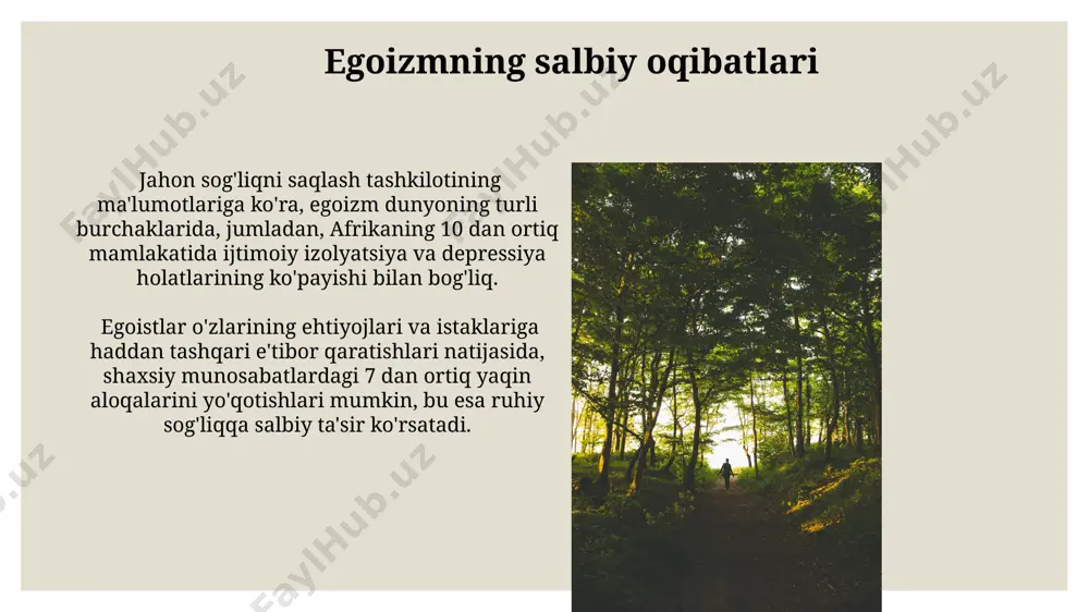 cha bo'lgan yoshlarda ko'proq kuzatiladi. egoizm, shaxsning o'z his-tuyg'ulariga va ehtiyojlariga 50% dan ortiq ahamiyat berishi bilan tavsiflanadi va bu xususiyat germaniya kabi rivojlangan mamlakatlarda ham uchraydi. bag'rikenglik tushunchasi markaziy osiyo mintaqasi tarixida bagʻrikenglikning muhim ahamiyati, 15-asrda amir temur davrida turli din va millat vakillarining samarqand shahrida tinch-totuv yashab kelganligi misolida koʻrinadi. bagʻrikenglikning ijtimoiy-psixologik jihatlari, 3 ta asosiy omil – empatiya, kommunikativ koʻnikmalar va kognitiv moslashuvchanlik bilan chambarchas bogʻliq boʻlib, 100 tadan ortiq ilmiy tadqiqotlar natijalarida tasdiqlangan. bag'rikenglik va altruizm o'rtasidagi bog'liqlik 2022-yilgi ma'lumotlarga ko'ra, bag'rikenglik va altruizm o'rtasidagi ijobiy korrelyatsiya koeffitsiyenti tokioda o'tkazilgan sotsiologik so'rov natijalarida 0,7 ga yaqin qayd etilgan. altruizmning 5 ta asosiy turi mavjud bo'lib, ularning 2 tasi bag'rikenglik bilan bevosita bog'liq: empatik va amaliy yordam ko'rsatish. bag'rikenglik, altruizm va egoizmning zamonaviy dunyodagi ahamiyati bag'rikenglik, global miqyosda 2023-yilda 7 milliarddan ortiq aholini qamrab olgan dunyoda tinchlik va barqarorlikni ta'minlash uchun muhim omil hisoblanadi, ayniqsa, mintaqaviy mojarolar …