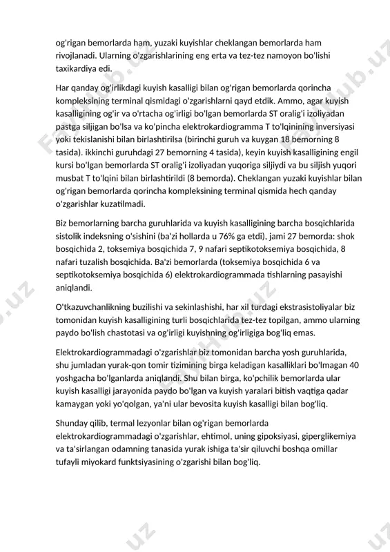 arishlar kuyishdan keyingi dastlabki soatlardan boshlab sodir bo'ladi va bu o'zgarishlar chuqur keng kuyishlar bilan og'rigan bemorlarda ham, yuzaki kuyishlar cheklangan bemorlarda ham rivojlanadi. ularning o'zgarishlarining eng erta va tez-tez namoyon bo'lishi taxikardiya edi. har qanday og'irlikdagi kuyish kasalligi bilan og'rigan bemorlarda qorincha kompleksining terminal qismidagi o'zgarishlarni qayd etdik. ammo, agar kuyish kasalligining og'ir va o'rtacha og'irligi bo'lgan bemorlarda st oralig'i izoliyadan pastga siljigan bo'lsa va ko'pincha elektrokardiogramma t to'lqinining inversiyasi yoki tekislanishi bilan birlashtirilsa (birinchi guruh va kuygan 18 bemorning 8 tasida). ikkinchi guruhdagi 27 bemorning 4 tasida), keyin kuyish kasalligining engil kursi bo'lgan bemorlarda st oralig'i izoliyadan yuqoriga siljiydi va bu siljish yuqori musbat t to'lqini bilan birlashtirildi (8 bemorda). cheklangan yuzaki kuyishlar bilan og'rigan bemorlarda qorincha kompleksining terminal qismida hech qanday o'zgarishlar kuzatilmadi. biz bemorlarning barcha guruhlarida va kuyish kasalligining barcha bosqichlarida sistolik indeksning o'sishini (ba'zi hollarda u 76% ga etdi), jami 27 bemorda: shok bosqichida 2, …