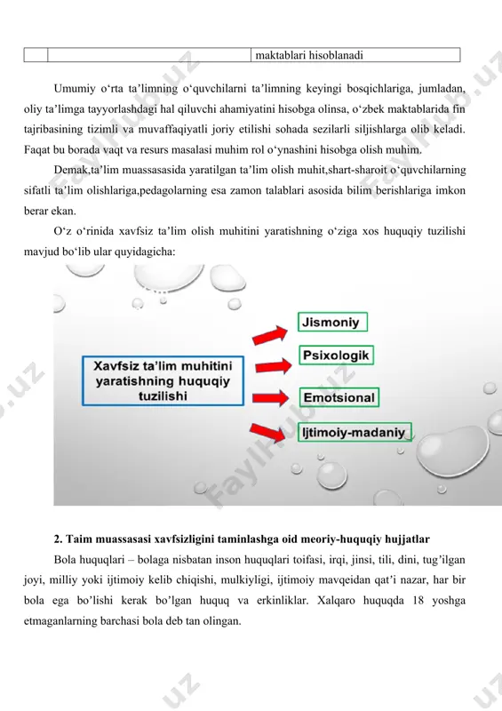 rcha maktablar davlat maktablari hisoblanadi umumiy o‘rta taʼlimning o‘quvchilarni taʼlimning keyingi bosqichlariga, jumladan, oliy taʼlimga tayyorlashdagi hal qiluvchi ahamiyatini hisobga olinsa, o‘zbek maktablarida fin tajribasining tizimli va muvaffaqiyatli joriy etilishi sohada sezilarli siljishlarga olib keladi. faqat bu borada vaqt va resurs masalasi muhim rol o‘ynashini hisobga olish muhim. demak,taʼlim muassasasida yaratilgan taʼlim olish muhit,shart-sharoit o‘quvchilarning sifatli taʼlim olishlariga,pedagolarning esa zamon talablari asosida bilim berishlariga imkon berar ekan. o‘z o‘rinida xavfsiz taʼlim olish muhitini yaratishning o‘ziga xos huquqiy tuzilishi mavjud bo‘lib ular quyidagicha: 2. taim muassasasi xavfsizligini taminlashga oid meoriy-huquqiy hujjatlar bola huquqlari – bolaga nisbatan inson huquqlari toifasi, irqi, jinsi, tili, dini, tugʼilgan joyi, milliy yoki ijtimoiy kelib chiqishi, mulkiyligi, ijtimoiy mavqeidan qatʼi nazar, har bir bola ega boʼlishi kerak boʼlgan huquq va erkinliklar. xalqaro huquqda 18 yoshga etmaganlarning barchasi bola deb tan olingan. bola huquqlari bo‘yicha xalqaro va milliy darajada ko‘plab maxsus hujjatlar mavjud. bola huquqlari to‘gʼrisidagi xalqaro darajadagi …