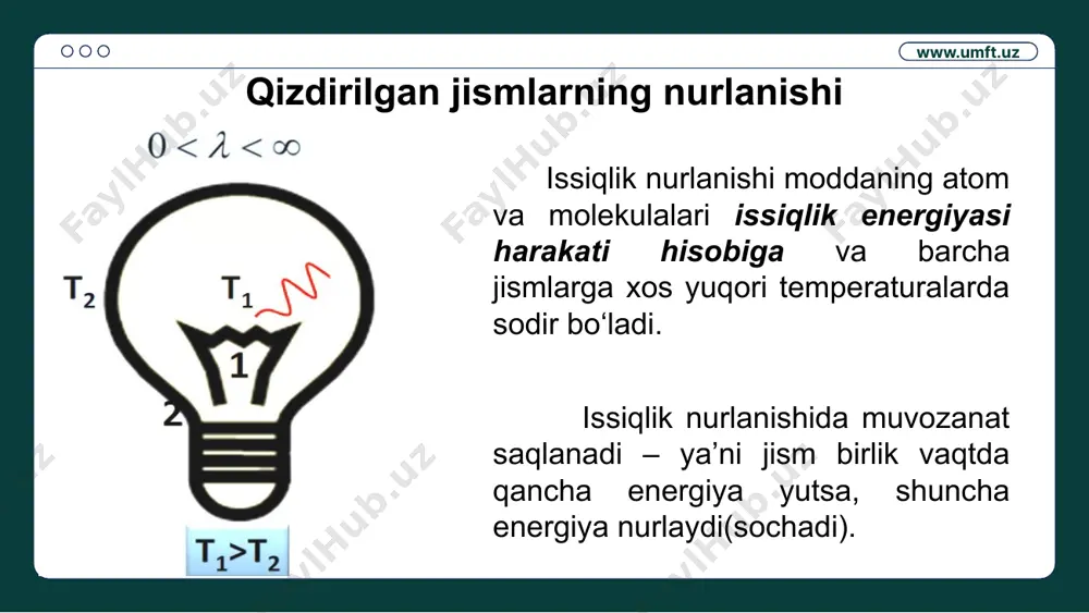 proporsional bo‘ladi: = =b=const bu yerda b=2,9∙ m∙k - vin doimiysi vin qonuni - siljish qonuni deb atalishining ma’nosi, absolyut qora jismning temperaturasi oshganda, nur chiqarish qobiliyatining maksimumi qisqa to‘lqin uzunligi (yuqori chastota) sohasi tomon siljiydi. www.umft.uz fotoeffekt fotoelektrik effekt deb elektromagnit nurlanish ta’sirida elektronlarning urib chiqarish hodisasiga aytiladi. tashqi fotoeffekt - elektron emmissiya – bu elektromagnit nurlanish ta’sririda elektron chiqarishi. ichki fotoeffekt - bu elektromagnit nurlanish ta’sirida yarim o‘tkazgich yoki dielektrikda elektronlarni bog‘langan holatdan erkin holatga o‘tishidir. www.umft.uz fotoeffekt tajribasining chizmasi shishali vakuum ballon yorug‘lik manbai anod katod ampermetr voltmetr reostat tok manbai www.umft.uz -to‘yinish toki to‘xtatuvchi potensial fotoeffektning volt-amper xarakteristikasi www.umft.uz yorug‘lik tarqalishi uzluksiz to‘lqin jarayoni deb tasavvur qimay, uni fazoda diskret yorug‘lik kvantlari oqimi sifatida, vakuumda esa c tarqalish tezligi bilan harakatlanadi, deb hisoblash kerak. bu elektromagnit nurlanish kvantlari fotonlar deb ataladi. eynshteyn nazariyasi foton energiyasi e=h tinch holatdagi fotonning massasi =0 foton massasi: m = = …