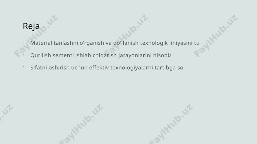 tanlovda tahlil qilish, xususiyatlarni tekshirish va qo'llanish jarayonlarini o'rganishni o'z ichiga oladi. 02 texnologik usullar texnologik usullar materiallarni tanlashda matematik modellar, laboratoriya testlar va innovatsion texnologiyalarni o'z ichiga oladi. 03 tanlov jarayoni tanlov jarayonida materiallar uchun kriteriyalar belgilanadi, tahlil qilingan ma'lumotlar asosida eng optimal material tanlanadi va qo'llaniladi. qurilish sementi ishlab chiqarishda materiallarni tanlash qurilish sementining ishlab chiqarishda materiallarni tanlash, asosiy koʻrsatkichlar yoki yetarli har qanday materiallarni tanlash va ularning xususiyatlarini o'rganishdir. bu jarayon ishlab chiqarishda asosiy qadamdir va sementning sifatini belgilashda juda muhimdir. photo by soliman cifuentes on unsplash qurilish sementi ishlab chiqarish jarayonlarining analizi 1 analiz - qurilish sementi ishlab chiqarish jarayonlari tahlili, texnologik bosqichlar va jarayonlarning optimallashtirilishi uchun muhim ma'lumotlar taqdim etadi. 2 texnologik bosqichlar - qurilish sementi ishlab chiqarish jarayonlari tizimli bo'lib, har bir bosqichning faoliyatini va ulardagi muhim vazifalarni tushuntiradi. 3 jarayonlarning samaradorligi - qurilish sementi ishlab chiqarish jarayonlarining samaradorligini oshirish uchun texnologik jarayonlarning tahlili, …