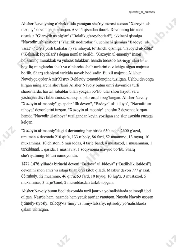 an. nasrda navoiy asosan ijtimoiy-siyosiy, axloqiy-taʼlimiy va ilmiy-falsafiy, iqtisodiy yoʻnalishlarda qalam tebratgan. @davlat_tili_archives yillar asarlar 1499 y. „lison ut- tayr“ 1488 y. „tarixi mulki ajam“ 1499 y. „muhokamat ul-lugʻatayn“ 1489 yildan soʻng “holoti sayyid hasan ardasher” 1492 y. „xamsat ul- mutahayyirin“ 1493 yildan soʻng „holoti pahlavon muhammad“ 1498 y. „xazoyin ul- maoniy“ 1485 yildan soʻng “tarixi anbiyo va hukamo” 1491—1492, 1498-1499 y. “majolis un- nafois” 1500 y. “mahbub ul– qulub” ushbu asarlar mutafakkirning yirik asarlaridir. ular turli yillarda, turli yoʻnalishlarda yozilgan. navoiyning bu qadar keng qamrovda qalam tebratganidan shuni bilish mumkinki, u nafaqat shoir, balki olim, yaʼni tilshunos, adabiyotshunos, tarixchi va faylasuf sifatida jahon maʼnaviyatiga ulkan hissa qoʻshgan. alisher navoiy fors tilida ham 12 ming misradan ortiq sheʼr, muammo janri haqida "mufradot" risolasi, "sittayi zaruriya", "fusuli arbaa" turkum qissalarini yaratgan, “devoni foniy” devonini tuzgan. bu asarlar shoirning hoqoniy, saʼdiy, abdurahmon jomiy kabi fors adabiyotining yetuk namoyondalari bilan kechgan ijodiy bahslarida …