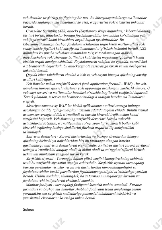 g attacks (fishing hujumlari): bu foydalanuvchilarni parollar, kredit karta raqamlari yoki boshqa shaxsiy ma’lumotlar kabi maxfiy informatsiyalarni aldov yo‘li bilan almashish uchun mo‘ljallangan kibertahdid turi sanaladi. ushbu hujumlar elektron pochta, pop-up oynasi (kompyuter ekran yuzasiga paydo bo‘luvchi dastur oynasi) yoki qonuniy bo‘lganlarga taqlid qiluvchi soxta veb-saytlar shaklida bo‘lishi mumkin. ddos (distributed denial of service attacks - ddos hujumlari): veb-saytlarni trafik oqimi bilan to‘ldirish orqali nishonga oladigan kibertahdidning bir turidir. bunga veb-sayt infratuzilmasi, dasturiy ta’minoti yoki ilova qatlamidagi zaifliklardan foydalanish orqali erishiladi. ddos hujumlari odatda botnetlar yordamida amalga oshiriladi, ular attacker tomonidan masofadan boshqariladigan zararlangan kompyuterlar tarmoqlaridir. botnetlar minglab yoki hatto millionlab buzilgan qurilmalardan iborat bo‘lishi mumkin, bu ularni ddos hujumlarini amalga oshirish uchun kuchli vositaga aylantiradi. sql injection attacks (sql in’ektsiya hujumlari): tajovuzkorlarga veb-ilovalar ma’lumotlar bazasiga qarshi zararli sql bayonotlarini bajarishga imkon beruvchi veb-ilovalar xavfsizligi zaifligining bir turi. bu kiberjinoyatchilarga ma’lumotlar bazasida saqlangan ma’lumotlarni ko‘rish, o‘zgartirish yoki o‘chirish imkonini beradi. …