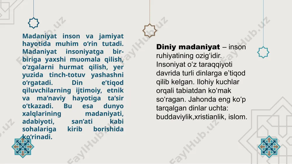 an ko‘rinishlari har qanday siyosiy ,, iqtisodiy , ijtimoiy , diniy evrilishlarga ham bardosh berib yashashda davom etadi . shu xalq , millat bor ekan ular ham mavjuddir . eng asosiysi , ular shu millat e’tiqod qiladigan diniy madaniyat bilan uyg‘unlashib , yaxlit milliy diniy madaniyatni shakllantiradi . milliy va diniy madaniyatlar uyg‘unligini ilm -fan, adabiyot va san’at , hunarmandchilik va me’morchilik ravnaqida ham ko‘rish mumkin . style.visibility ayniqsa islom dini kirib kelishi bilan ko‘plab masjid, madrasa va maqbaralar ham milliy , ham diniy madaniyatimizning bebaho namunalaridir . moddiy va ma’naviy hayot tamoyillari bir-birini inkor etmaydi , aksincha , o‘zaro bog‘lanib , bir-birini to‘ldiradi . xuddi shuningdek milliy va umuminsoniy madaniyatlar ham bir-birini boyitib boradi . yuksak taraqqiyotga erishishni orzu qiladigan har bir inson va jamiyat o‘z hayotini aynan ana shunday dialektik va uzviy bog‘liqlik asosida qurgan va rivojlantirgan taqdirdagina ijobiy natijalarga erisha oladi . ana shu haqiqatdan kelib chiqqan …