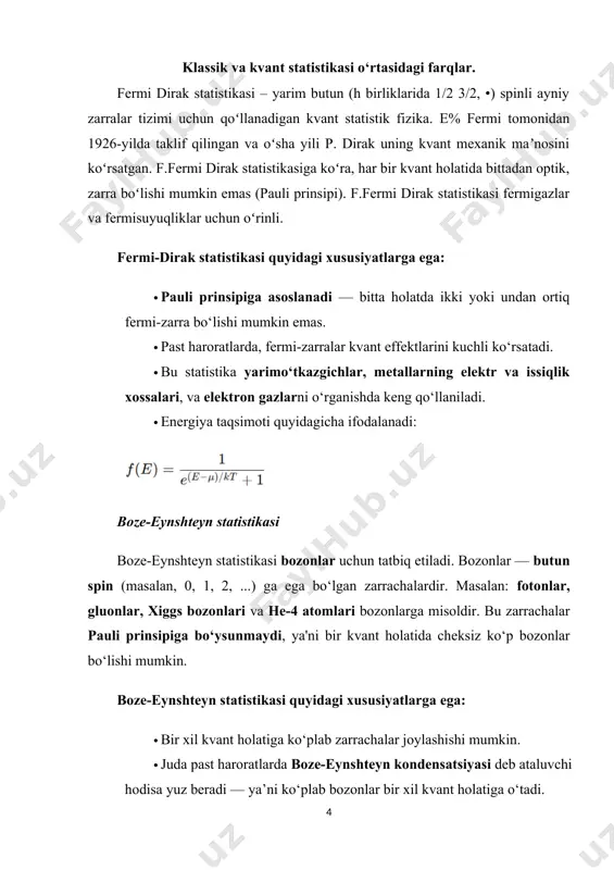 n butun spinli (0, 1, 2 va hokazo) bir xil va farqlanmaydigan zarrachalarga taalluqlidir. klassik fizikada maksvell-boltzman statistikasi (m-b statistikasi) bir xil va ajralib turadigan zarrachalarni tavsiflash uchun ishlatiladi. b-e va m-b statistikasi uchun f-d statistikasidan farqli oʻlaroq, bir nechta zarrachalar bir xil holatni egallashi mumkin. klassik statistika klassik mexanikada tizimdagi barcha zarralar (asosiy va kompozit zarralar, atomlar, molekulalar, elektronlar va boshqalar) ajralib turadigan deb hisoblanadi. bu tizimdagi alohida zarralarni kuzatish mumkinligini anglatadi. natijada, tizimdagi har qanday zarrachalar juftining oʻrnini almashtirish tizimning boshqa konfiguratsiyasiga olib keladi. bundan tashqari, tizimga kirish mumkin boʻlgan har qanday holatda bir nechta zarrachalarni joylashtirishga hech qanday cheklov yoʻq. klassik pozitsiyalarning bu xususiyatlari maksvell-boltzman statistikasi deb ataladi. kvant statistikasi kvant bandlik nomogrammalari. kvant mexanikasining klassik mexanikadan ajratib turadigan asosiy xususiyati shundaki, u yoki bu turdagi zarrachalar bir-biridan farqlanmaydi. bu shuni anglatadiki, oʻxshash zarralar ansamblida har qanday ikkita zarrachani almashtirish tizimning yangi konfiguratsiyasiga olib kelmaydi. kvant mexanikasi …