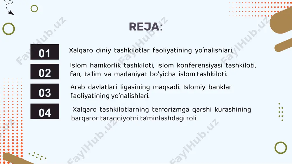 tashkilotning faoliyatini samarali boshqarish va muvofiqlashtirishga yordam beradi. ba'zi tashkilotlar asosan diniy ta'limotlarni tarqatish va targ'ib qilishga qaratilgan. boshqalari esa turli mamlakatlardagi diniy jamoalar o'rtasida hamkorlik va muloqotni rivojlantirishga harakat qiladilar. 5 boshqalari xayriya va ijtimoiy yordam ko'rsatish bilan shug'ullanadilar. xalqaro diniy tashkilotlarning faoliyati: islom hamkorlik tashkiloti eng yirik va nufuzli rasmiy hukumat musulmon xalqaro tashkilotidir. hozirda u 1,7 milliardga yaqin aholisi bo'lgan 57 davlatni (shu jumladan suriyani) birlashtiradi. islom davlatlarining xalqaro tashkiloti (2011 yilgacha islom konferensiyasi tashkiloti deb atalgan) u 1969-yil 25-sentabrda rabotda boʻlib oʻtgan musulmon davlat rahbarlarining konferensiyasida tashkil etilgan. maqsadi: musulmon davlatlari oʻrtasidagi hamkorlik, xalqaro maydondagi tadbirlarda birgalikda ishtirok etish, ishtirokchi davlatlarning barqaror rivojlanishiga erishish. tashkilotning bosh qarorgohi jidda shahrida (saudiya arabistoni) joylashgan islom hamkorlik tashkiloti (iht) islom hamkorlik tashkiloti (iht) u ijtimoiy, iqtisodiy va siyosiy sohalarda islomiy birdamlikni taʼminlash, mustamlakachilik, yangi mustamlakachilik va irqchilikka qarshi kurash, falastinni qoʻllab-quvvatlash maqsadida tashkil etilgan. bosh kotib: tashqi ishlar vazirlari …