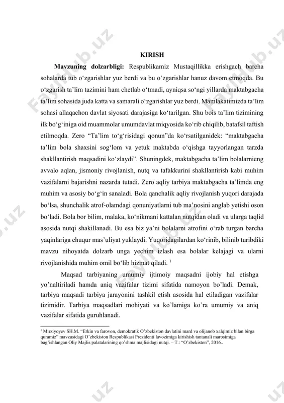 shining maqsadi: maktabgacha yoshdagi bolalarga aqliy tarbiya berish haqidagi fikr-mulohazalarini o‘rganish va uni amaliyotda qo‘llash. kurs ishining vazifalari: · aqliy tarbiya haqida umumiy tushuncha olish va tahlil qilish. · maktabgacha yoshdagi bolalarning aqliy rivojlanishini tahlil qilish va umumlashtirish.[footnoteref:2] [2: mirziyoyevning sh.m. “2017-2021-yillarda maktabgacha ta’lim tizimini yanada takomillashtirish chora-tadbirlari to’g’risida”gi qarori. t.:-2016y. 29-dekabr.] · maktabgacha yoshidagi bolalarga ta'lim berishning о’ziga hos jihatlarini o’rganish. kusr ishining obyekti. kurs ishining obyekti maktabgacha yoshdagi bolalarga aqliy tarbiya berish jarayoni. kusr ishining predmeti. kurs ishining ishining predmeti maktabgacha yoshdagi bolalarga aqliy tarbiya berish usullari. kurs ishi materiallarining ilmiy va amaliy ahamiyati. kurs ishida asoslangan tavsiyalar, ilmiy qarashlar maktabgacha yoshdagi bolalarga aqliy tarbiya berishda foydalanish mumkin. kurs ishining tuzilishi: kirish, 2 bob, 4 paragraf, xulosa va foydalanilgan adabiyotlar ro‘yhatidan iborat. i.bob. maktabgacha yoshdagi bolalarga aqliy tarbiya berishning nazariy asoslari 1.1. aqliy tarbiya haqida umumiy tushuncha aql - keng ma'noda sezish va idrok etishdan boshlanib tafakkur va …