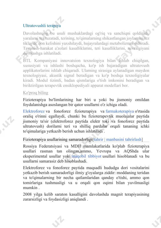 larga ziddir: moddaning teridan va to'qimalarning bir necha qatlamlaridan qanday o'tishi, ammo qon tomirlariga tushmasligi va u orqali qon oqimi bilan yuvilmasligi mumkin . 2008 yilga kelib saraton kasalligini davolashda magnit terapiyasining zararsizligi va foydasizligi aniqlandi . lazer terapiyasida kam energiyadantopilgan yagona ta'sir to'qimalarning ozgina isishidir, buning natijasida og'riqning qisqa muddatli qisqarishi kuzatiladi . akupunktur butunlay platsebo effektiga asoslangan - agar bemor usulning samaradorligiga ishonsa, og'riq qisqa vaqtga kamayadi . bundan tashqari, akupunktur ba'zan (juda kamdan-kam hollarda) yuqumli kasalliklardan pnevmotoraksgacha bo'lgan jiddiy kasalliklarni keltirib chiqaradi . 2016-yilda nature jurnalida chop etilgan tadqiqotlarga ko‘ra, transkranial mikropolyarizatsiya xotira va iqni yaxshilash o‘rniga, sinovdan o‘tkazilganda iq ni biroz pasaytirishi yoki unchalik sezilarli bo'lmagan o‘zgarishlarga olib kelishi ko‘rsatilgan [3] . ayniqsa uy sharoitida bu usuldan ehtiyotsizlik bilan foydalanish bosh terisi kuyishiga olib kelishi mumkin . dalillarga asoslangan tibbiyotda mashqlar terapiyasi va massajdan tashqari, yuqoridagi barcha usullar, ilmiy tasdiqga ega emas yoki samarasizligi isbotlangan . …