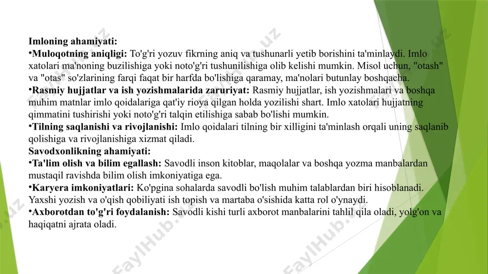 mkonini beradi. zamonaviy imlo lug'atlari nafaqat so'zlarning to'g'ri yozilishini, balki ularning ma'nolarini, grammatik shakllarini va qo'llanilishini ham o'z ichiga oladi. o'zbek tilidagi imlo qoidalarini turli tamoyillarga ko'ra tasniflash mumkin. biroq, eng asosiy turlari quyidagilardan iborat: fonetik imlo qoidalari: bu qoidalar so'zlarning talaffuziga asoslanadi. ya'ni, so'z qanday eshitilsa, shunday yoziladi. o'zbek tilida bu prinsip to'liq qo'llanilmasa-da, ayrim holatlarda o'z aksini topadi. morfologik imlo qoidalari: bu qoidalar so'zlarning tarkibi (o'zak, qo'shimchalar) va ularning o'zgarish qonuniyatlariga asoslanadi. bu prinsipga ko'ra, so'z qanday talaffuz qilinishidan qat'i nazar, uning o'zagi va qo'shimchalari ma'lum qoidalarga muvofiq yoziladi. tarixiy-an'anaviy imlo qoidalari: ba'zi so'zlarning yozuvi ularning tarixiy shakli yoki an'anaviy qo'llanilishi bilan belgilanadi. bu qoidalar hozirgi talaffuzga mos kelmasligi mumkin, lekin tarixiy sabablarga ko'ra saqlanib qolgan. differensial imlo qoidalari: bu qoidalar talaffuzi bir xil bo'lgan, lekin ma'nosi har xil bo'lgan so'zlarni yozuvda farqlash uchun qo'llaniladi. grafik imlo qoidalari: bu qoidalar harflarning yozilishini, ularning birikuvini va so'zda tutgan o'rnini …