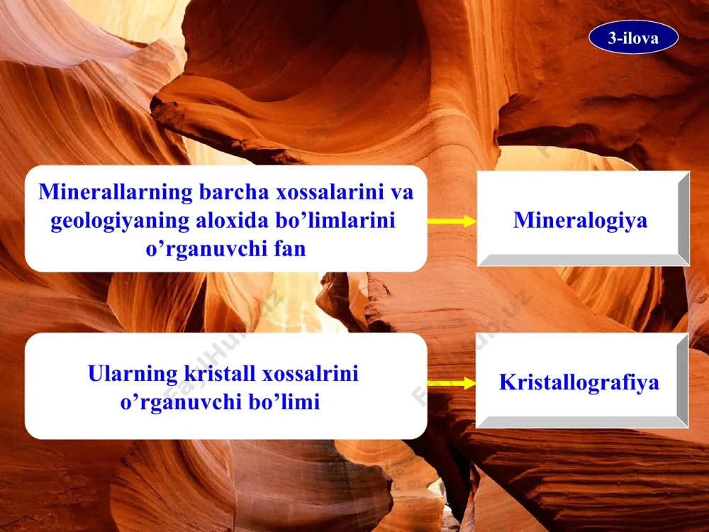tashqari buyovchi ionlarga molibden, volfram, iod, uran kabilar kiradi. 14-ilova minerallarning hosil bo’lishi xar bir mineral ma'lum termadinamik sharoitda turg’un xolatda bo’ladi, bu termadinamik xolat o’zgargan xolda mineralda o’zgarish sodir bo’ladi va yangi xolatga chidamli mineral hosil bo’ladi. xozirgi vaqtdagi izlanishlar shuni ko’rsatadiki, minerallarning asosiy qismi yer qobig’ida magmaning yoki uning maxsulotlarini atrof muxit va tog’ jinslari bilan ta'sirlashib qayta kristallanishidan xosil bo’ladi. bular birlamchi endogen minerallar hisoblanadi. ularning ko’pchiligi yer yuzasiga chiqqanda atmosfera, biosfera va gidrosfera bilan ta'sirlanishi nitijasida o’zining turg’unligini yuqotadi va sharoitga moslashgan yangi ikkilamchi minerallar yuzaga keladi. bu minerallar ekzogen minerallar deb nomlanadi. ekzogen minerallar xam turli xil geologik jarayonlarga duch kelishi va bu jarayonda moslashgan yangi minerallar, ya'ni metamorfogen minerallar hosilbuladi. 15-ilova 1. t. ergashev. "muhandislik geologiyasi va gidrogeologiya",-t.: "o'qituvchi" nashriyoti, 1990.- 2. i. ergashev. "muhandislik geologiyasi asoslaridan amaliy mashg'ulotlar" t: "o'qituvchi" nashriyoti, 1992. 3. m.z. nazarov. "muhandislik geologiyasi va atrof-muhitni muhofaza qijish" t: "o'zbekiston" …