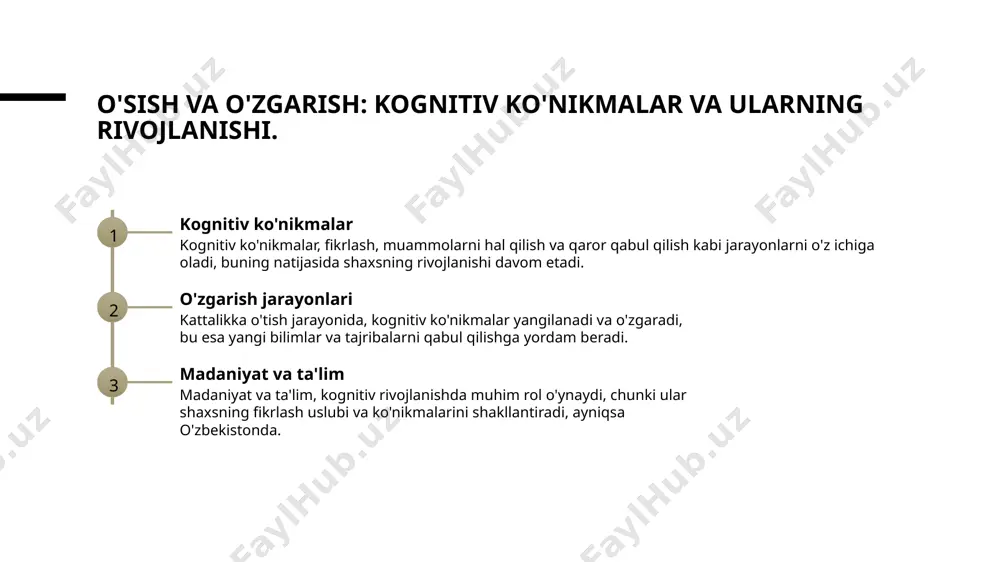 'ynashi. ta'lim tizimining ahamiyati ta'lim tizimi kattalar uchun kognitiv rivojlanishning muhim omili bo'lib, yangi bilimlar va ko'nikmalarni shakllantirishda muhim rol o'ynaydi. ta'lim va madaniyat o'zbekistondagi ta'lim tizimi, madaniy o'ziga xosliklar bilan birgalikda, kattalardagi kognitiv o'sishga ijobiy ta'sir ko'rsatadi va rivojlanish imkoniyatlarini oshiradi. kognitiv ko'nikmalarni rivojlantirish ta'lim jarayonida sodir bo'ladigan faoliyatlar, masalan, muhokama va guruh ishlari, kattalarning analitik fikrlash va muammolarni hal qilish ko'nikmalarini rivojlantiradi. an'anaviy va zamonaviy madaniyat: kognitiv rivojlanishdagi farqlar. 01 an'anaviy madaniyat an'anaviy madaniyat, o'zining tarixiy ildizlari bilan kognitiv rivojlanishga ta'sir qiladi. bu madaniyatda o'zaro aloqalar va an'analarning saqlanishi muhimdir. 02 zamonaviy madaniyat zamonaviy madaniyat, texnologik rivojlanish va globalizatsiya ta'sirida kognitiv jarayonlarni o'zgartiradi. bu, yangi fikrlash usullarini va o'zaro aloqalarni keltirib chiqaradi. 03 kognitiv farqlar an'anaviy va zamonaviy madaniyatlar orasidagi kognitiv farqlar, muhim qarorlar qabul qilish va muammolarni hal qilishda ko'zga tashlanadi. o'zbek kontekstida bu farq yanada sezilarli. 04 ta'limning roli ta'lim, an'anaviy va zamonaviy madaniyatlarni kognitiv rivojlanishga …