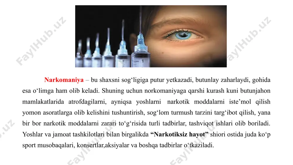 aqsadida shanxayda to‘planishdi. o‘shanda shanxay komissiya tashkil etilgan edi. bmt bosh assambleyasining tan olishicha, ko‘rilayotgan chora-tadbirlarga qaramay, jahonda giyohvand moddalar noqonuniy savdosi muammoligicha qolmoqda. bu muammo hamon jiddiy tahdid sifatida ko‘riladi. ma'lumotlarga ko‘ra, 15 yoshdan 64 yoshgacha bo‘lganlar orasida qayd etiladigan o‘limlarning 1,3 foizi giyohvandlik oqibatida yuz berar ekan. bir yilda 211 mingta o‘lim aynan giyohvandlik oqibatida kelib chiqadi. yevropada giyohvandlik oqibatida halok bo‘layotganlarning o‘rtacha yoshi 35 yoshni tashkil qiladi. mutaxassislarning so‘zlariga qaraganda giyohvandlik oqibatida 1,6 million kishi vichga mubtalo bo‘ladi. 7,2 million kishi esa gepatit c virusini yuqtirib oladi. 1,2 million kishi gepatit b virusiga chalinadi. giyohvand moddalarni iste'mol qilish bilan bog‘liq xastaliklarga uchraganlar soni dunyo bo‘yicha 29 milion kishidan ortib ketgan. bmt giyohvandlik va jinoyatchilik ustidan nazorat boshqarmasi e'lon qilgan yillik hisobotda qayd etilishicha, "so‘nggi 6 yilda ilk marotaba bu borada nomutanosib o‘sish kuzatilmoqda". hujjatda ta'kidlanishicha, sayyora katta yoshli aholisining 5 foizi, ya'ni 250 million kishi, taqiqlangan moddalarni …