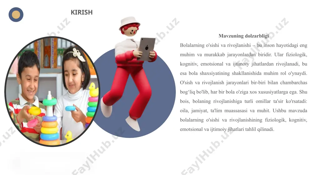 topishi, boshqalar bilan ijtimoiy munosabatlar o‘rnatishi va umumiy qoidalarga rioya qilishi jarayonidir. bolalar o‘rganish va o‘zlashtirish jarayonida ota-onalar, o‘qituvchilar, do‘stlar va boshqa kattalar bilan munosabatlarni o‘rnatadilar.masalan, 4-5 yoshdagi bolalar guruhda o‘ynashni o‘rganadilar, bir-birlarining hissiyotlarini tushunadilar, nizolarni hal qilishni, guruhda muvozanatni saqlashni o‘rganadilar. shu bilan birga, bolalar jamiyatdagi ijtimoiy qoidalarga amal qilishni, mas’uliyatni va etik normalarni o‘rganadilar. bu rivojlanish bosqichlari ularning kelajakda muvaffaqiyatli ijtimoiy hayotini ta’minlashga yordam beradi. bolalarning o‘sishi va rivojlanishi faqatgina fiziologik jihatlardan iborat emas, balki uning kognitiv, emotsional va ijtimoiy rivojlanishi ham muhimdir. ularning jamiyatda muvaffaqiyatli hayot kechirishi uchun bu barcha sohalarda ham muvozanatli rivojlanish zarur. har bir rivojlanish bosqichi o‘z vaqtida to‘g‘ri yondashuv va pedagogik yordamni talab etadi. xulosa piaget, j. (1972). the psychology of the child. basic books. vygotsky, l. s. (1978). mind in society: the development of higher psychological processes. harvard university press. erikson, e. h. (1950). childhood and society. norton & company. bandura, a. …