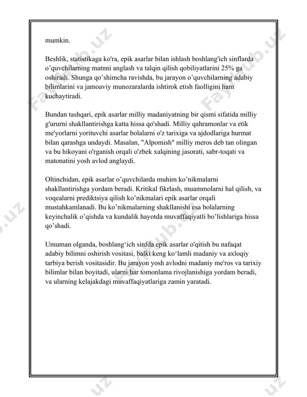am ikkiga ajratiladigan baholash mezonlari qo‘llanadi. 5. **tanlov natijasi va mukofotlar**: - ishtirokchilar orasidan eng yaxshi ijrochilar tanlab olinadi va mukofotlanadi. - g‘oliblarga kitoblar, diplomlar, esdalik sovg‘alari va boshqalar beriladi. - tanlov yakunida barcha ishtirokchilarga nomoddiy rag‘batlantirish vositalari ham qo‘llaniladi, masalan, maktabda nashr qilinadigan bulletinlarda alohida maqola yoki profil ochilishi. 6. **o‘tkazilgan tanlovlarning natijalari va statistik ma'lumotlar**: - mamlakatda o‘tkazilgan bunday tadbirlar natijasida o‘quvchilarning adabiyotni o‘rganishga qiziqishi oshib borganligi hamda ma'naviy-axloqiy tarbiyasida ijobiy natijalar qayd etilgan. - har yili o‘tkaziladigan tanlovlarda o‘rtacha 2000 dan oshiq bola ishtirok etadi. - o‘tkazilgan so‘rovlar natijasida 95% ishtirokchilar tanlovni qiziqarli va foydali deb topishgan. yuqoridagi ma'lumotlar boshlang‘ich sinf o‘quvchilari uchun epik asarlar tanlovlari haqida dastlabki tasavvur beruvchi axborotlar hisoblanadi. bu kabi tanlovlar bolalarning ijodiy salohiyati, madaniyatlararo bilim olishiga keng yo‘l ochadi va ularni adabiyotga mehr bilan yaqinlashtiradi. 3. o‘quvchilarni epik asarlar olamiga kiritish usullari epik asarlar o'quvchilarning tafakkurini kengaytirish, ilmiy va badiiy tasavvurlarini boyitishda …