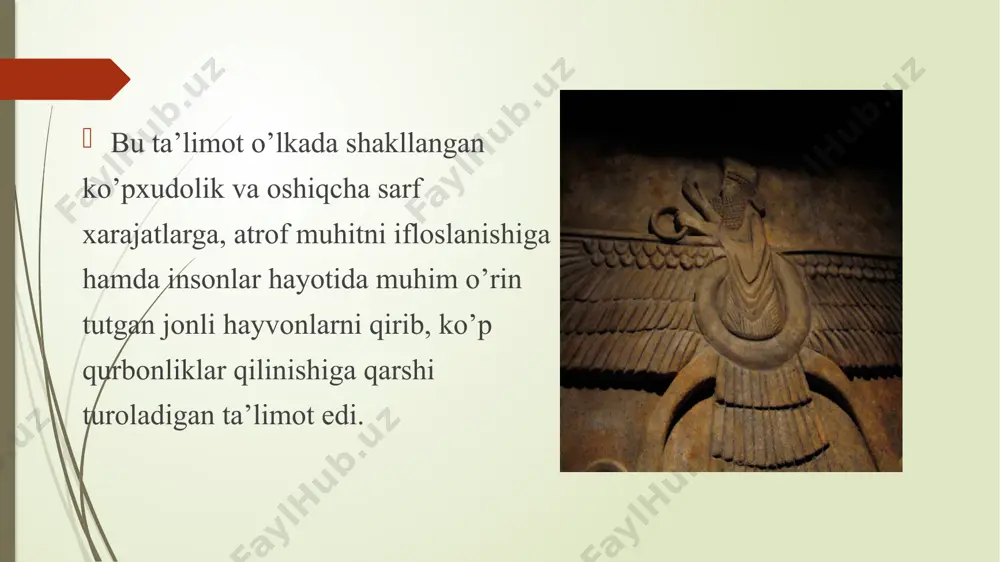 acha bo’lgan 258 yil hisoblanadi. zaratushtra 77 yoshida vafot etgan va uning hayot sanasi miloddan avvalgi vii-vi asrga to’g’ri keladi. zardushtning tug’ilgan joyi haqida avestoda hech qanday ma’lumotlar yo’q. manbaga ko’ra zardushtning diniy nasihatlari o’z vatanida tarafdorlarini topmagan. shuning uchun ham yangi din asoschisi o’z yurtidan qochishga majbur bo’ladi. avestoning “goxlari” bobida shunday deyilgan; “qay tomonga, qaysi yurtga qochib qutulsam, meni kohinlardan va jangchilardan ajratib qo’ydilar, jamoa meni quvnatmaydi, mamlakatlarning yovuz sardorlari meni qabul qilmaydilar”. oxir – oqibat zardushtni baqtriya hukmdori kavi vishtaspa qabul qiladi. vishtaspaning uzoq va yaqin qarindoshlari zardusht ta’limotiga juda ham qiziqqanlar va uning e’tiqodini qabul qilishgan. image1.png image2.jfif image3.jpg /docprops/thumbnail.jpeg