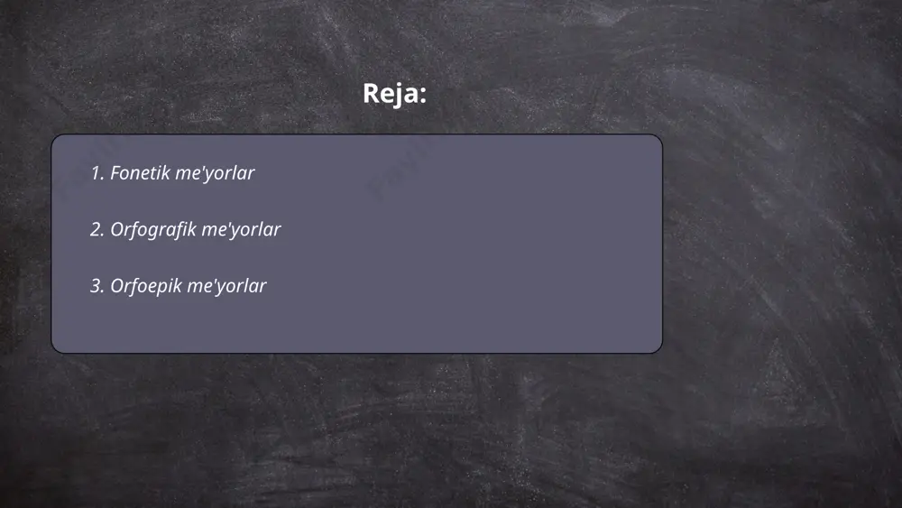 i aytilishi va urg'ularida yordam beradi. masalan, o'zbek tilida "kitob" so'zi birinchi bo'g'inga urg'u bilan talaffuz qilinadi. orfoepik me'yorlar, asosan, lug'atlar va ilmiy qo'llanmalarda keltiriladi. tovush tizimi va urg'u me'yorlari o'zbek tilining toza va to'g'ri talaffuz qilinishini saqlashga xizmat qiladi. shu me'yorlar yordamida notanish va xorijiy so'zlarning o'zbekcha talaffuzi lahzalashadi. o'zbek tilining orfoepik me'yorlariga rioya qilish, tildagi an'anaviy talaffuzni saqlash va bilimni oshirish uchun muhimdir. bu me'yorlar talaffuzdagi yagona standartni saqlashga hissa qo'shadi. ... t.me/slaydai_bot 4. grammatik me'yorlar grammatik me'yorlar - bu tilda so'zlar va jumlalarni to'g'ri shakllantirish hamda ularni ma'noli tarzda tartibga solish qoidalaridir. o'zbek tilida grammatik me'yorlarga rioya qilish tilda izchillik va o'zaro tushunishni ta'minlaydi. bu me'yorlar quyidagi tarkibiy qismlarni o'z ichiga oladi: so'z yasash va so'z birikmalari me'yorlari, barcha turdagi so'zlar uchun qat'iy qoidalarga amal qilish, nutq qismi (ot, sifat, fe'l, sanash, yuklama va boshqalar) tugash shakllari, sintaksis qoidalari va uslubiy xususiyatlar. har bir til uchun grammatik …
