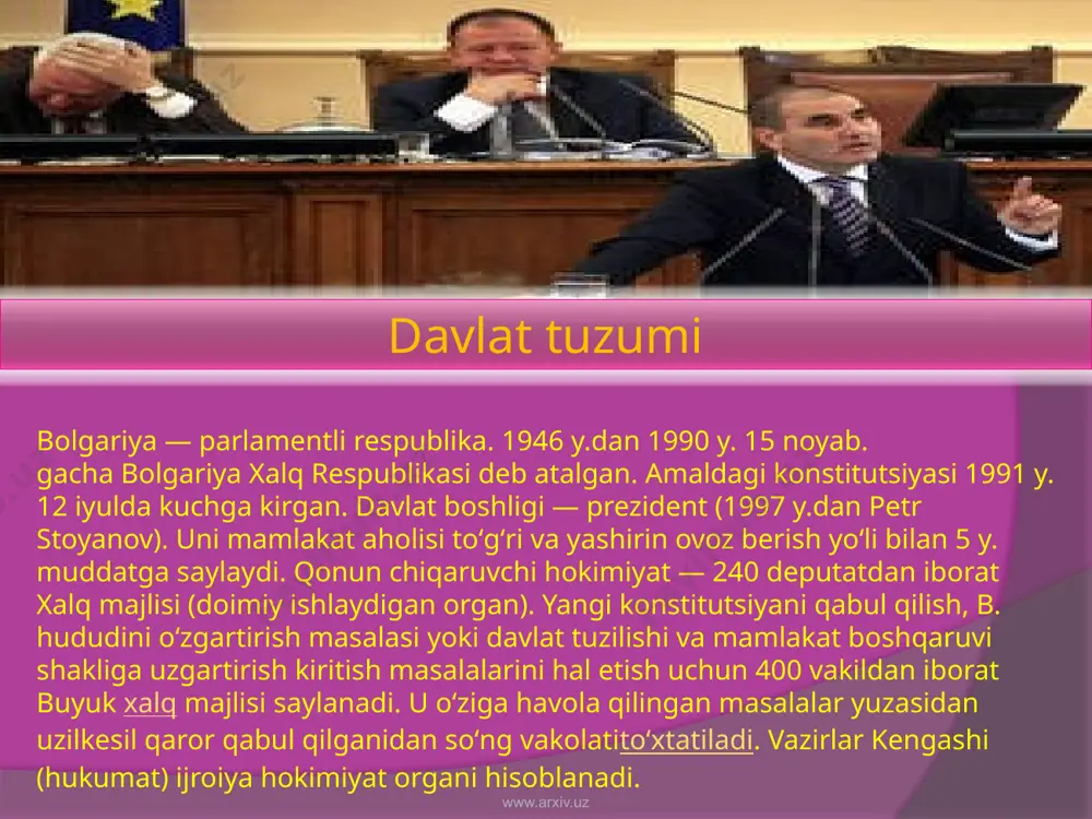 fiyada monarxiyaning fashist hukumatiga qarshi qurolli qoʻzgʻolon koʻtarildi. reaksion hukumat agʻdarib tashlandi va vatan frontining xalq hukumati tuzildi. b.ning davlat tuzumi toʻgʻrisidagi referendum qatnashchilari (92,7%) xalq respublikasi tarafdori ekanini bildirdi. 1946 y. 15 sentda b. xalq respublikasi eʼlon qilindi. 1990 y. xalq majlisiga koʻp partiyali asosda oʻtkazilgan saylovda b. sotsialistik partiyasi gʻalaba qozondi, dek.da koalitsiyey hukumat tuzildi. 1997 y. apr. dagi parlament saylovida demokratik kuchlar ittifoqi harakatlari va tashkilotlari koalitsiyasi gʻalaba qildi (bu ittifoq 1989 y.da tuzilgan edi). b. — 1955 y.dan bmt aʼzosi. oʻzr bilan diplomatiya munosabatlarini 1992 y. 5 sent.da oʻrnatgan. milliy bayrami — 3 mart — b.ning turkiya zulmidan ozod boʻlgan kuni (1878). www.arxiv.uz siyosiy partiyalari, kasaba uyushmalari va jamoat tashkilotlari bolgariyada 80 ga yaqin partiya va siyosiy harakat ish olib boradi. asosiylari: bolgariya sotsialdemokratik partiyasi, 1891 y.da asos solingan, 1948 y.da faoliyatini toʻxtatgan,1989 y.dan qayta faoliyat koʻrsata boshladi; b. sotsialistik partiyasi, 1990 y. apr. da tashkil …